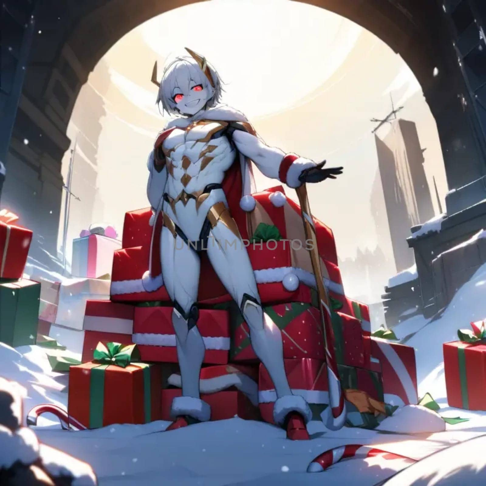 Santa Claus stands with gifts, new year christmas holiday anime style. High quality illustration