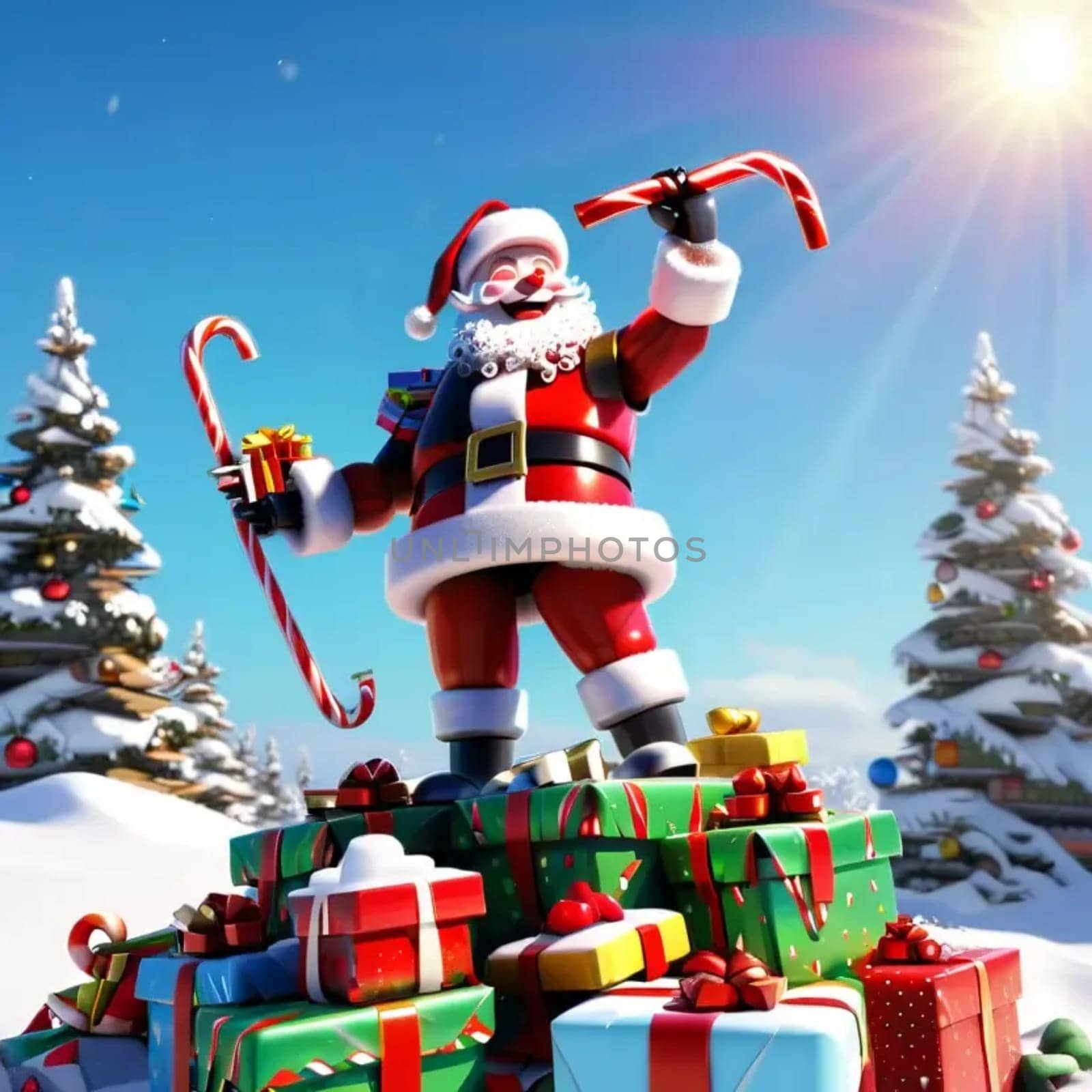Santa Claus stands with gifts, new year christmas holiday . High quality illustration