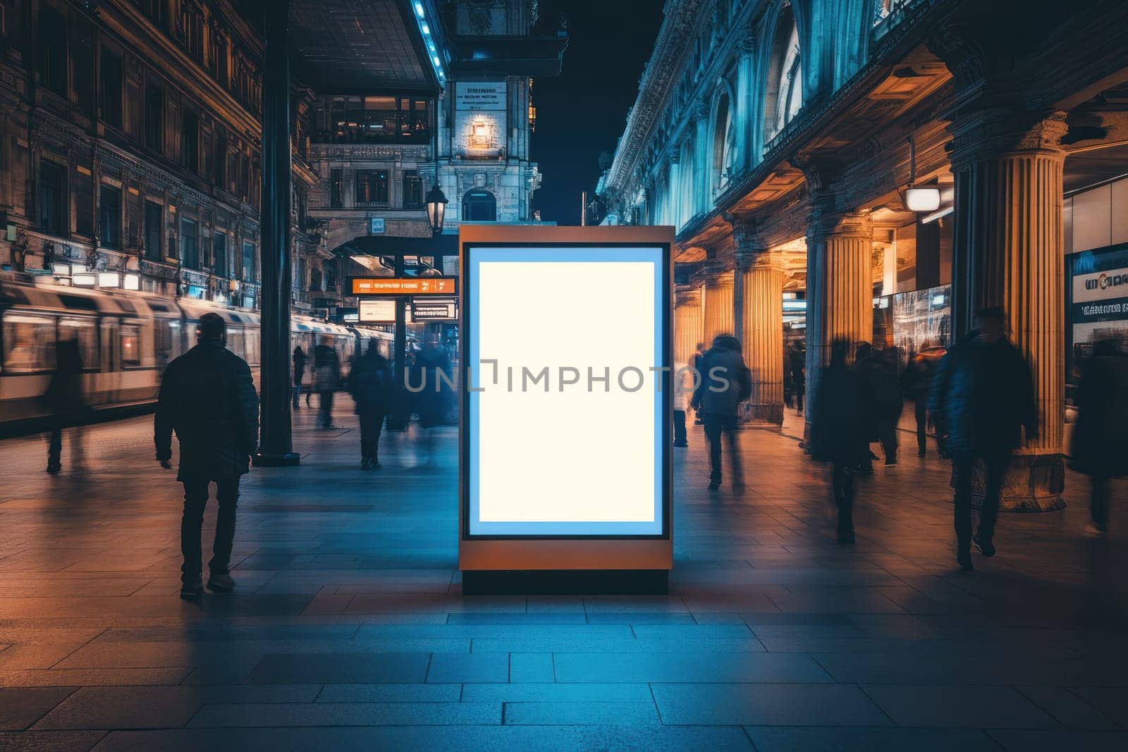 A vibrant city scene featuring blank display box surrounded by pedestrians at night, creating dynamic urban atmosphere