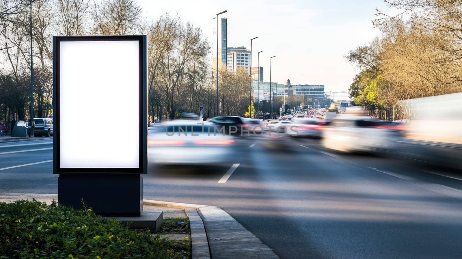 A dynamic shot of streetlight poster box on busy road, showcasing urban life