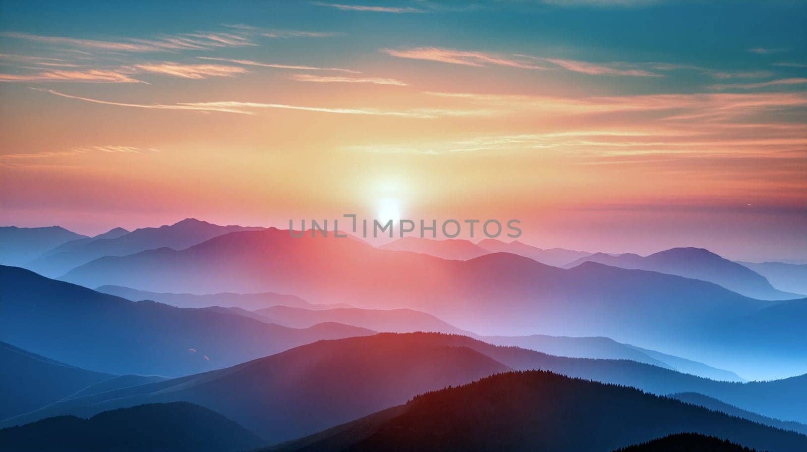 As the sun rises above the mist-covered mountains, hues of orange, pink, and blue light up the serene landscape, creating a tranquil atmosphere at dawn - Generative AI