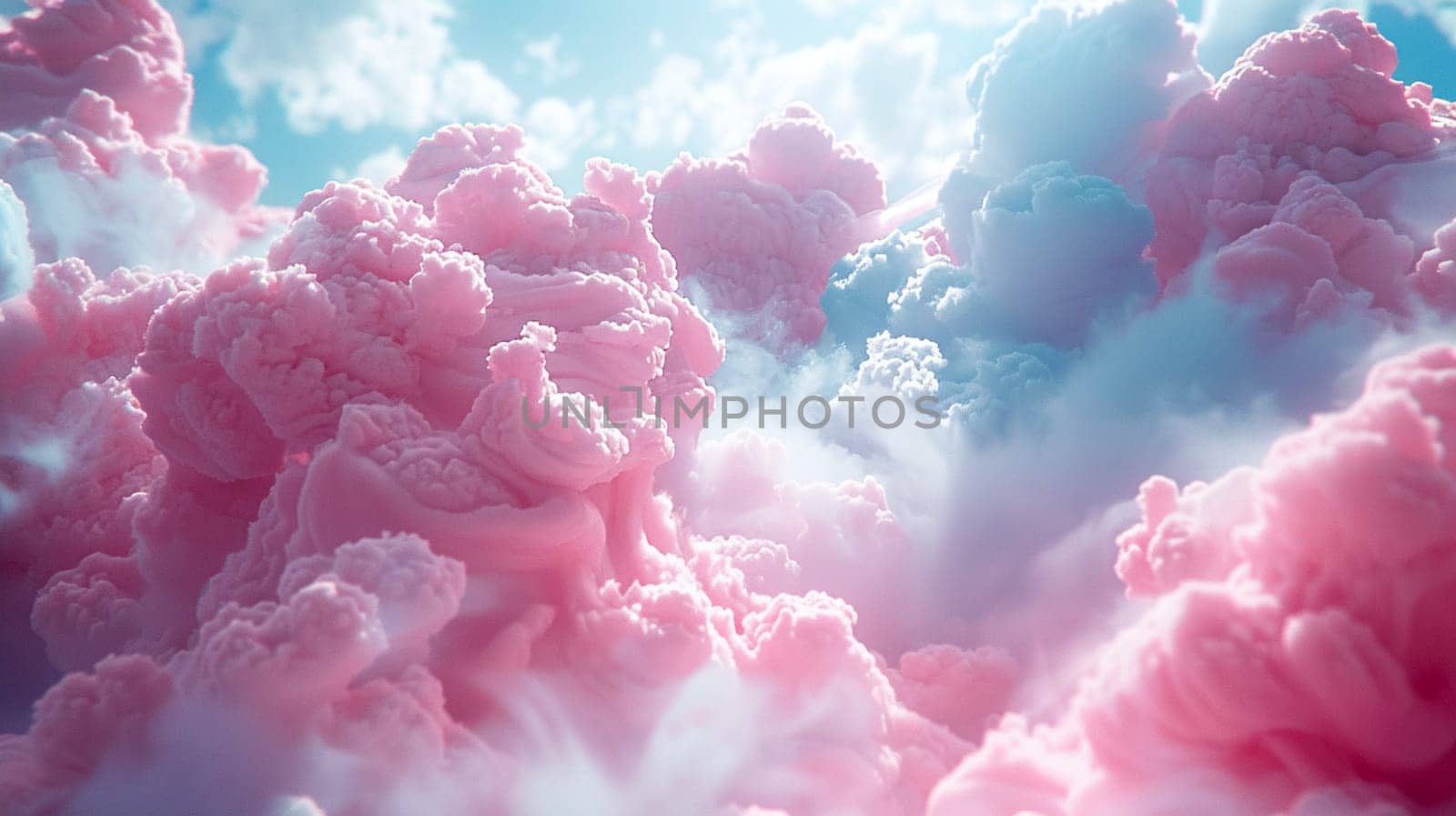 Abstract 3D render of fluffy blue and pink clouds with a soft texture, AI generated