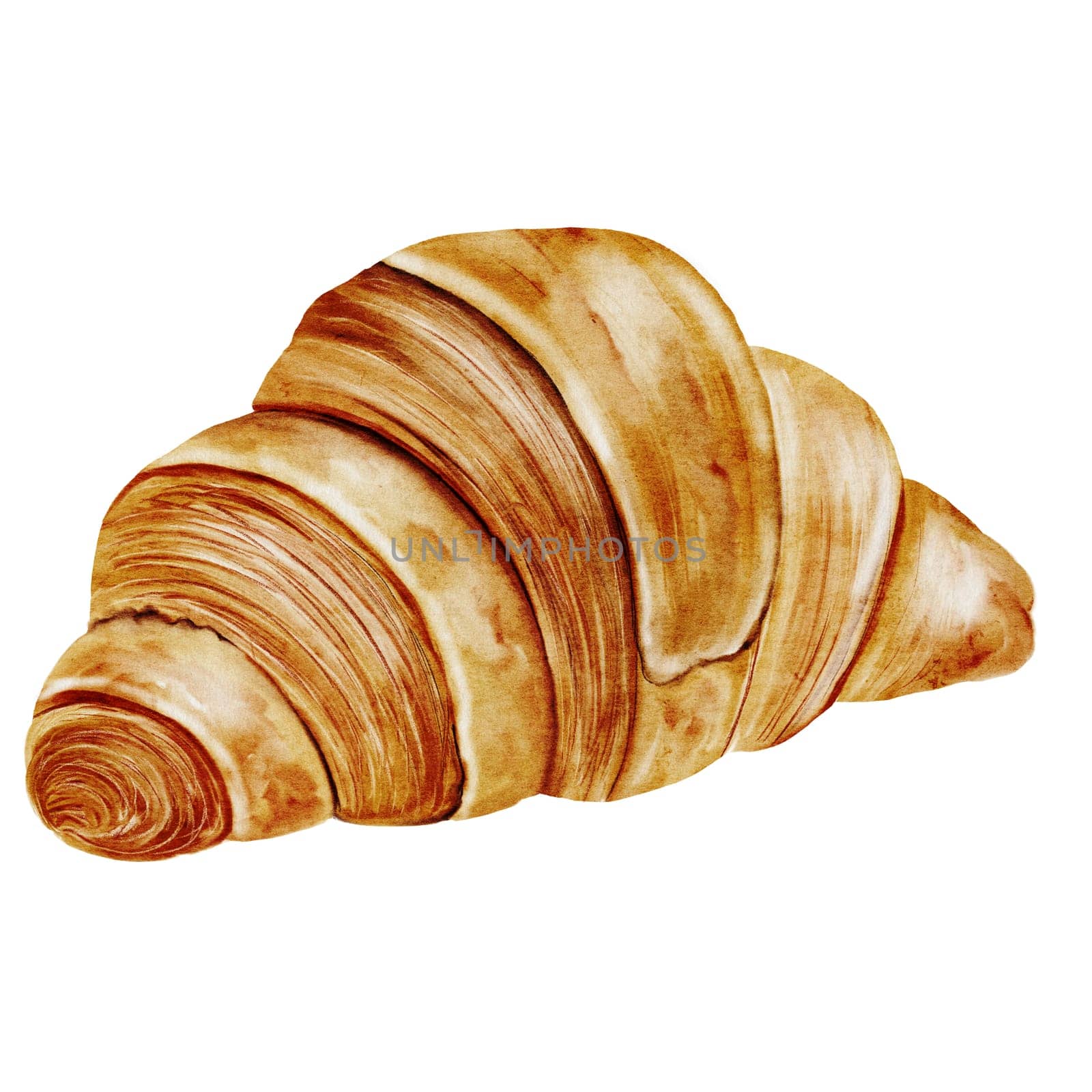 Croissant watercolor. Hand drawn illustration fresh french bun. Food clip art. Ideal for bakery prints, postcards and pastry shop posters. High quality illustration