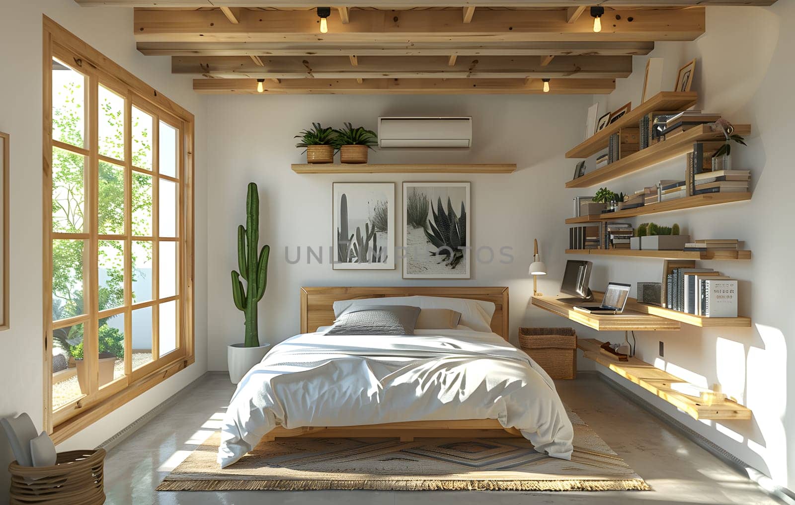 An interior design featuring a bedroom in a building with shelves, windows, and a bed. The wooden flooring and ceiling add warmth to the room