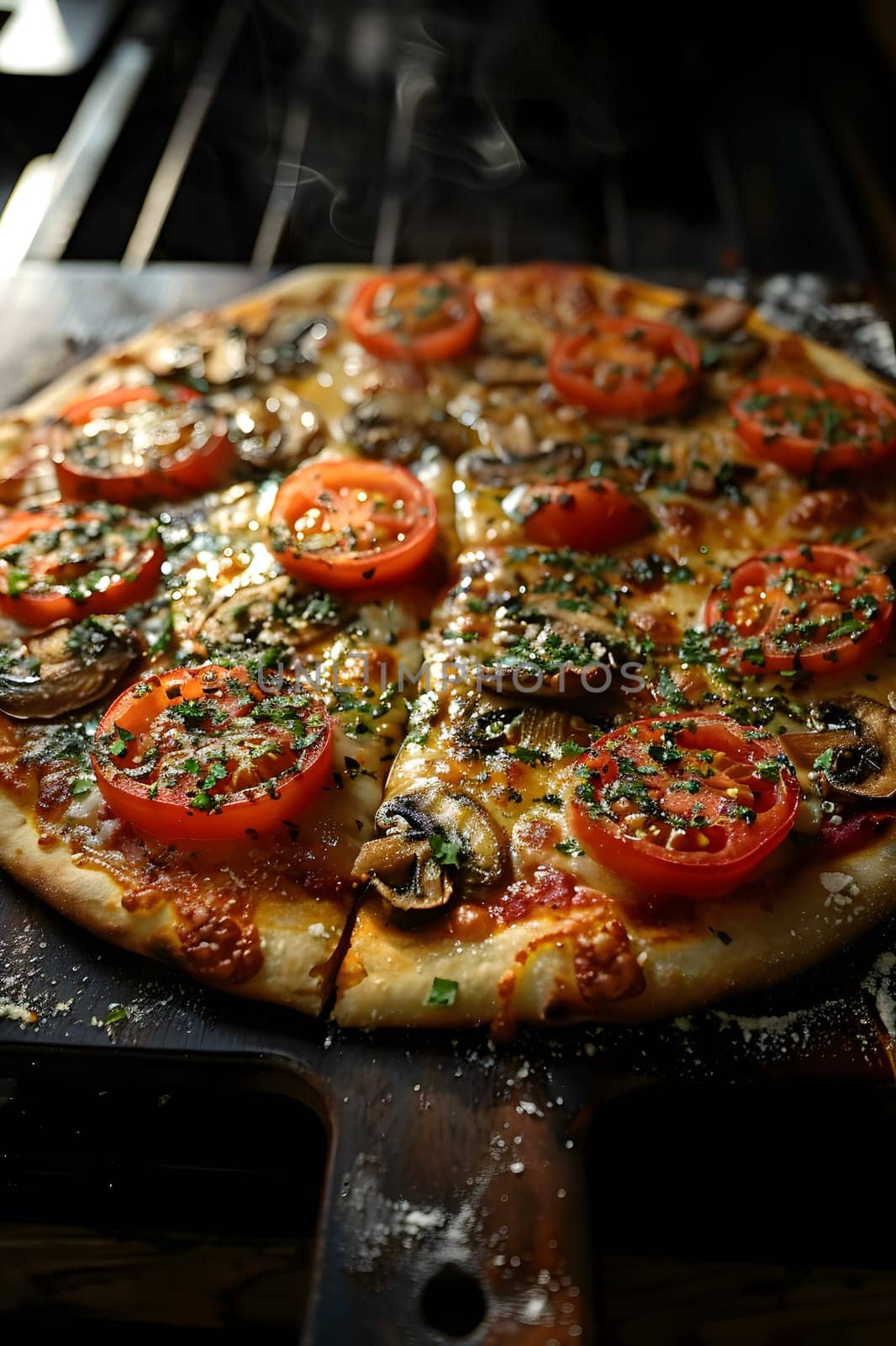 A Californiastyle pizza featuring tomatoes and mushrooms as key ingredients, topped with pizza cheese. This fast food staple is a delicious and popular choice in American cuisine