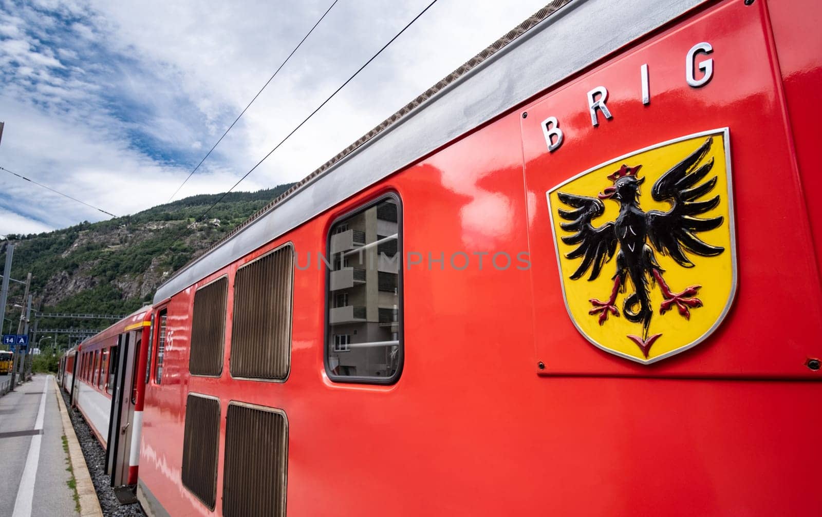 Zermatt, Switzerland - 17 August 2019: Brig coat of arms on swiss red train
