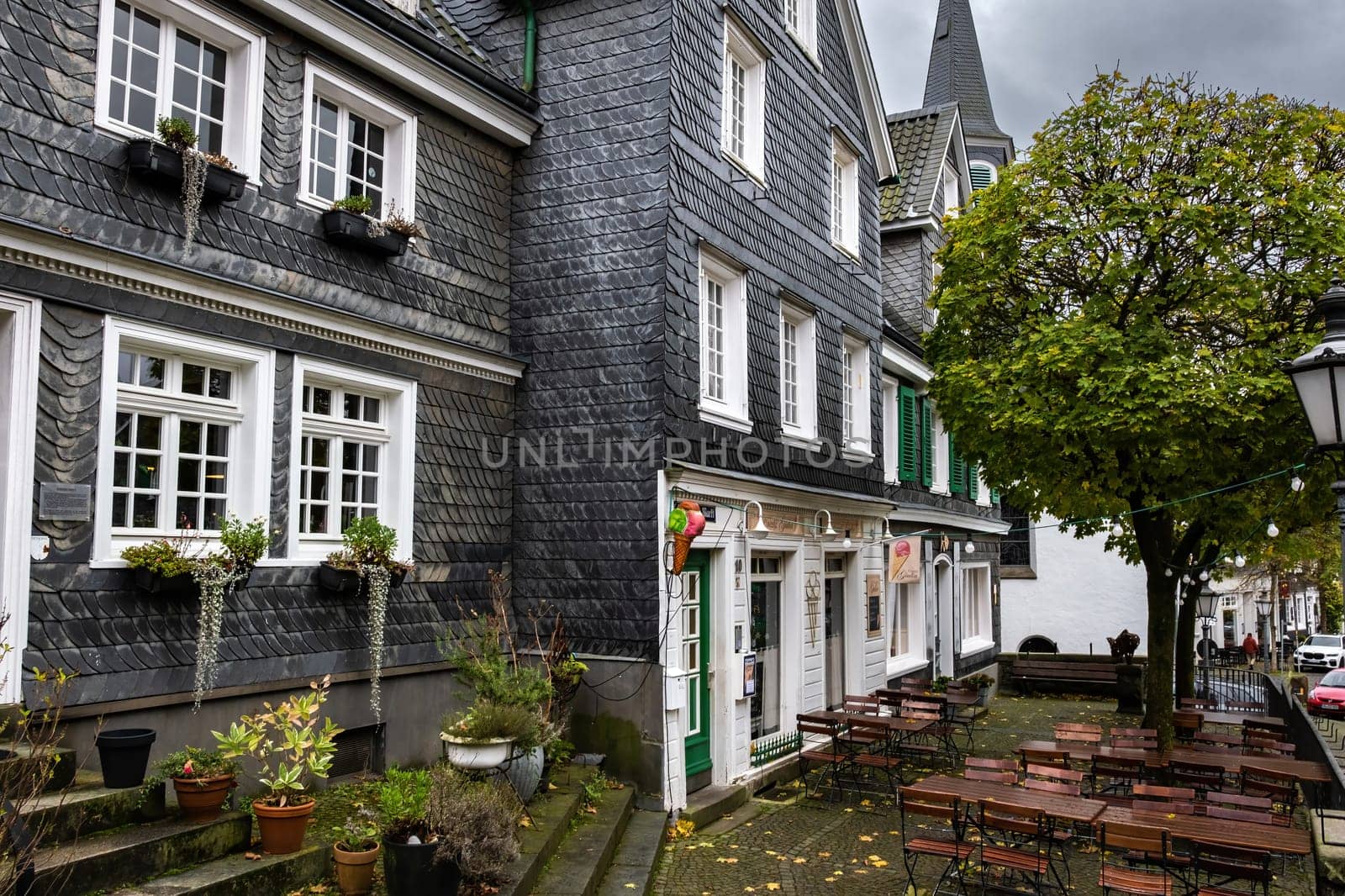 Solingen Geafrath, Germany - 2022 October 01: Beautiful Slate houses, sightseeing in Greafrath, North-Rhine Westphalia, Germany