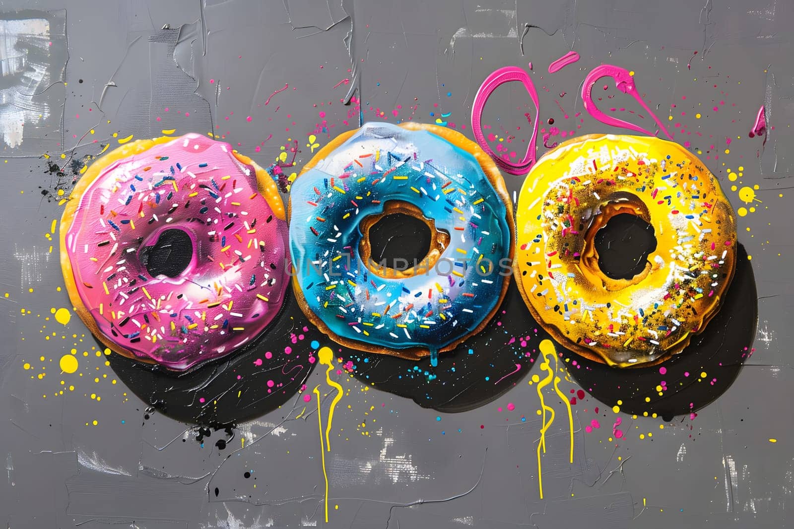 Three vibrantly colored donuts with sprinkles on a creatively designed background