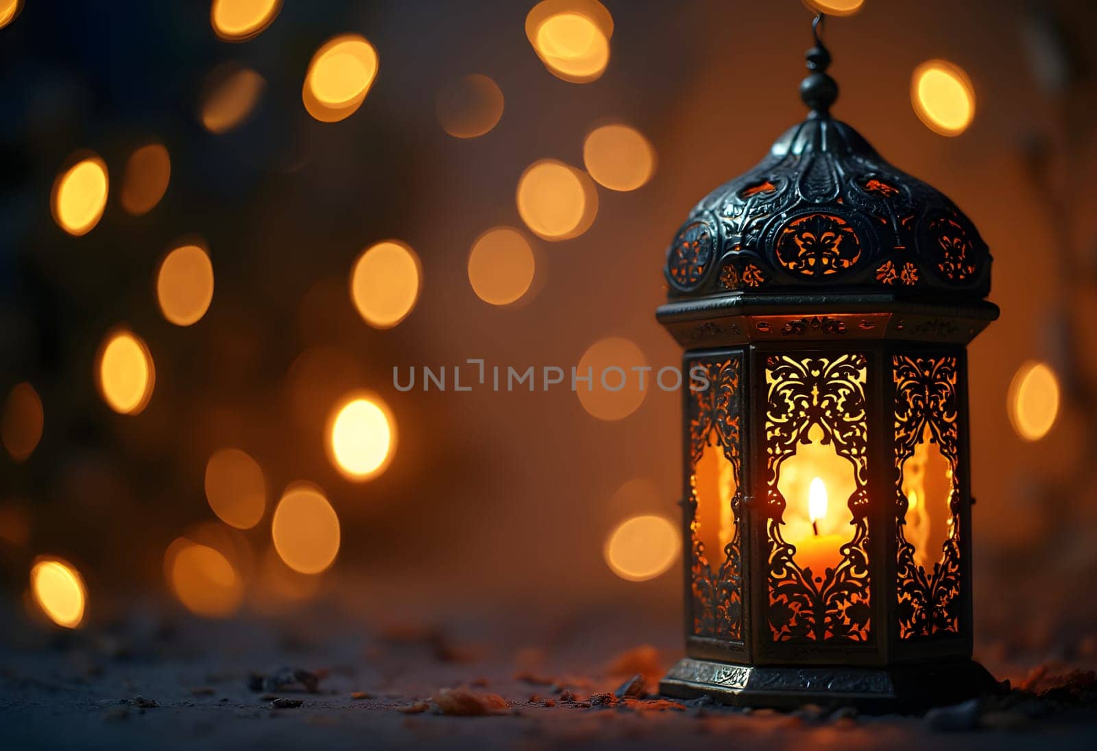 Ornamental Arabic lantern with a burning candle glowing at night, surrounded by golden bokeh lights, ideal for Ramadan greetings.