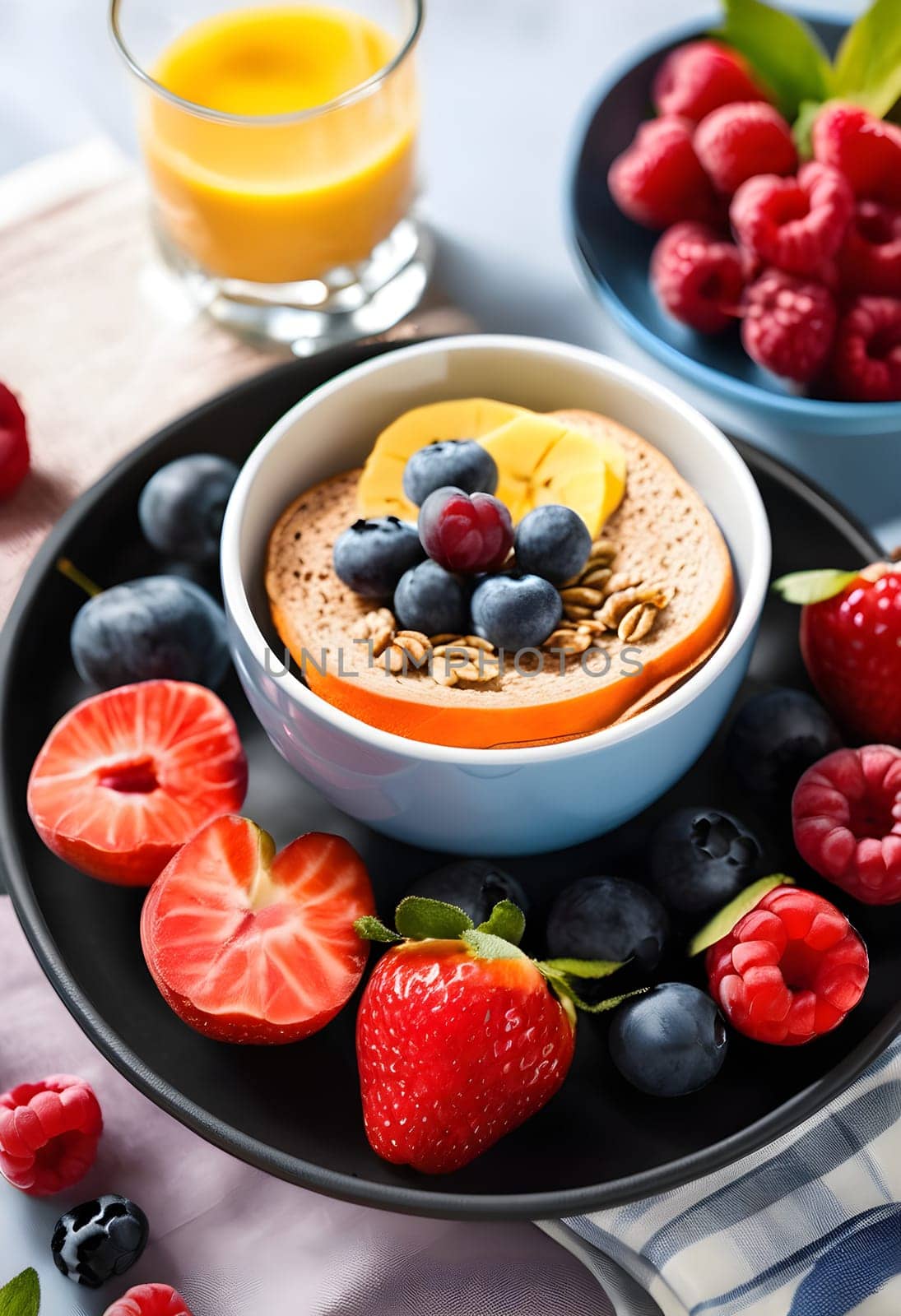 A vibrant and healthy breakfast featuring fruits, grains, and nuts, beautifully arranged, perfect for energizing mornings and wellness lifestyles.