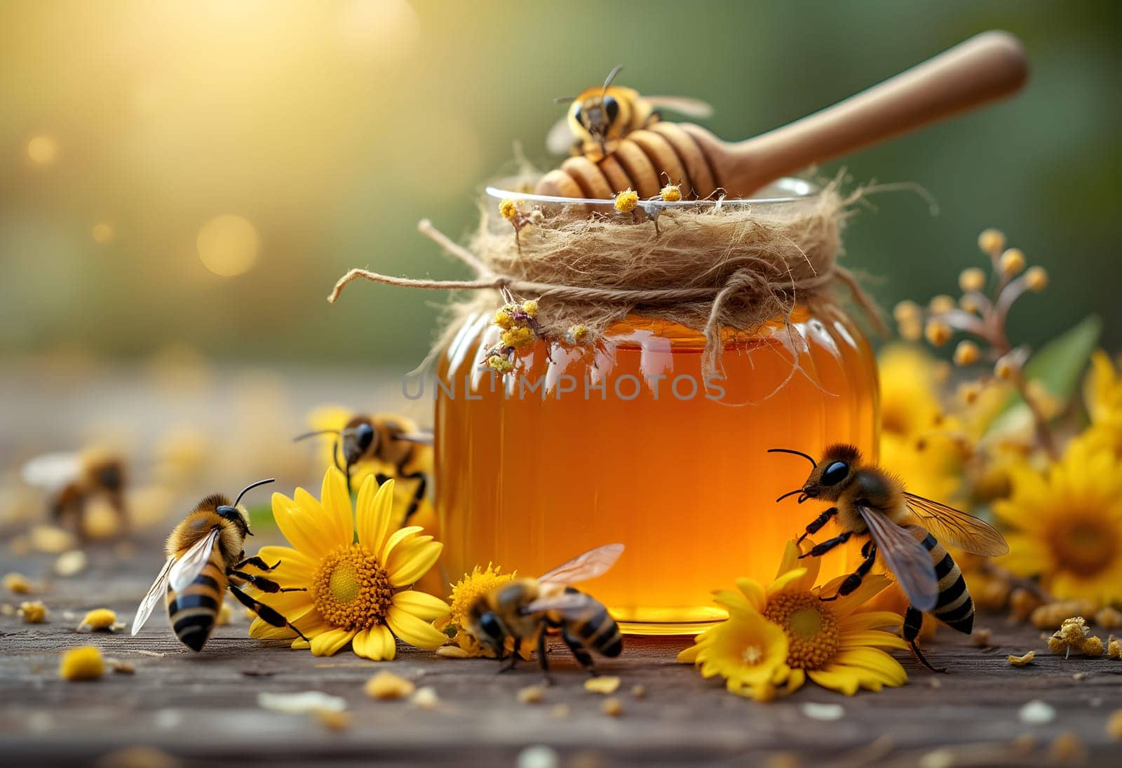 A serene scene of a jar of honey surrounded by buzzing bees and vibrant flowers, highlighting the beauty of nature and the richness of honey.