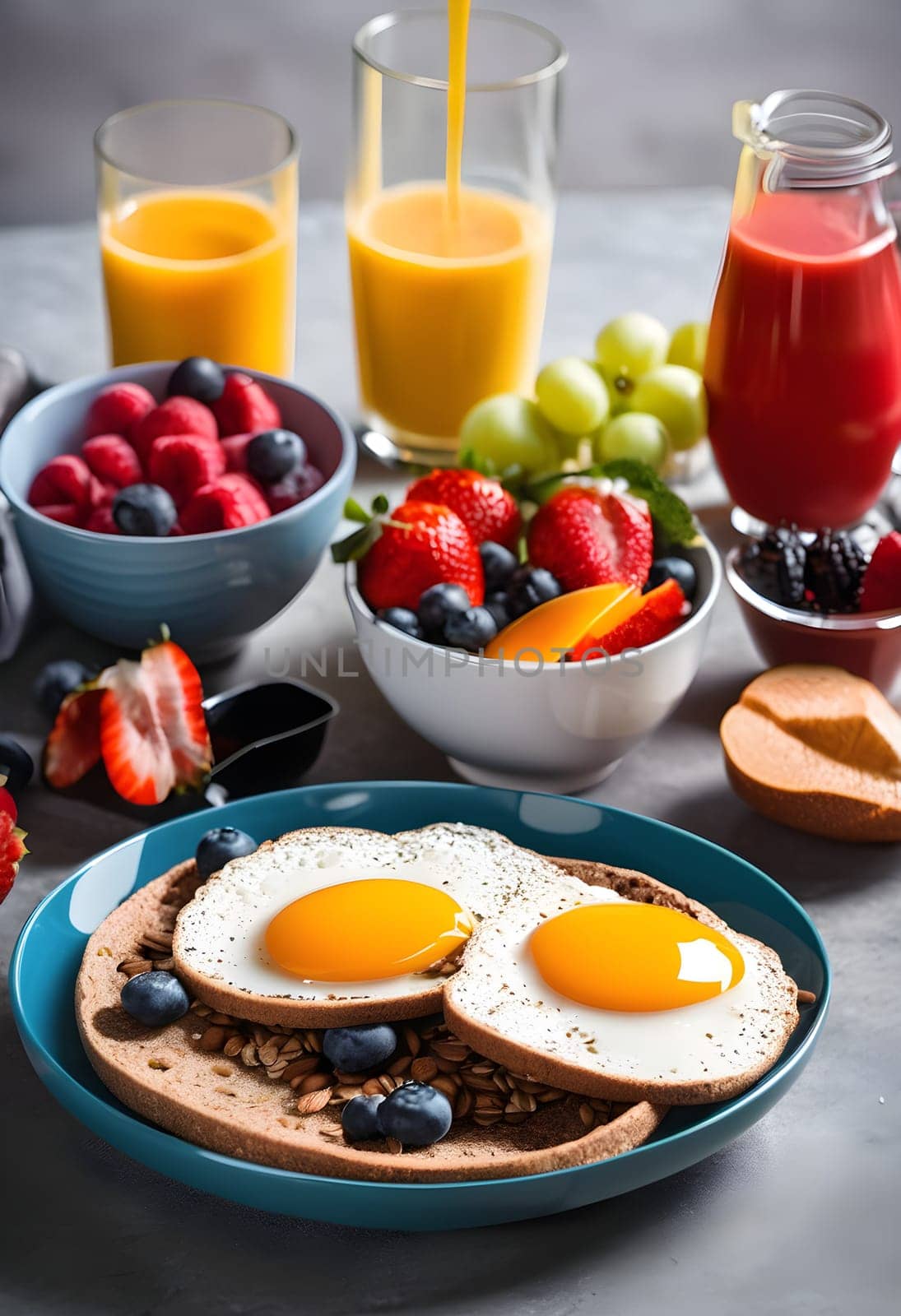 A vibrant and healthy breakfast featuring fruits, grains, and nuts, beautifully arranged, perfect for energizing mornings and wellness lifestyles.