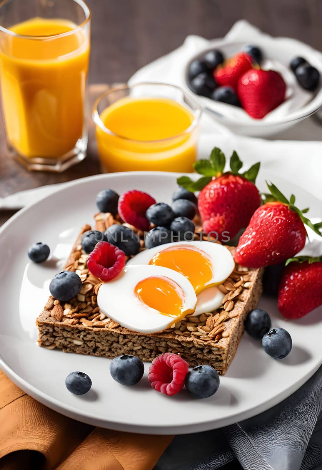 A vibrant and healthy breakfast featuring fruits, grains, and nuts, beautifully arranged, perfect for energizing mornings and wellness lifestyles.