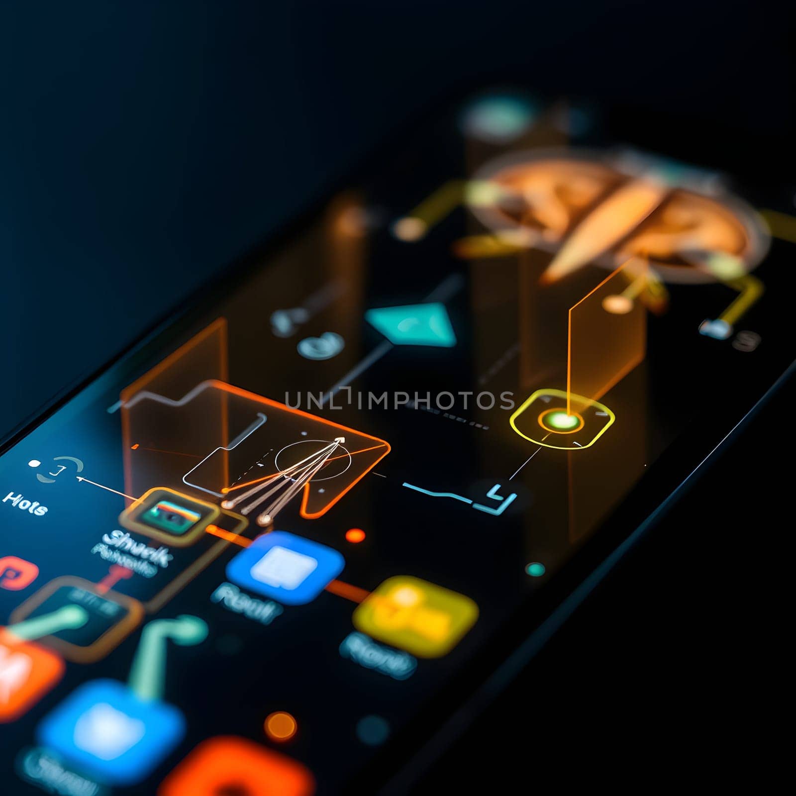 A close-up view of a smartphone displaying vibrant holographic projections, highlighting futuristic technology, innovation, and interactive digital advancements.