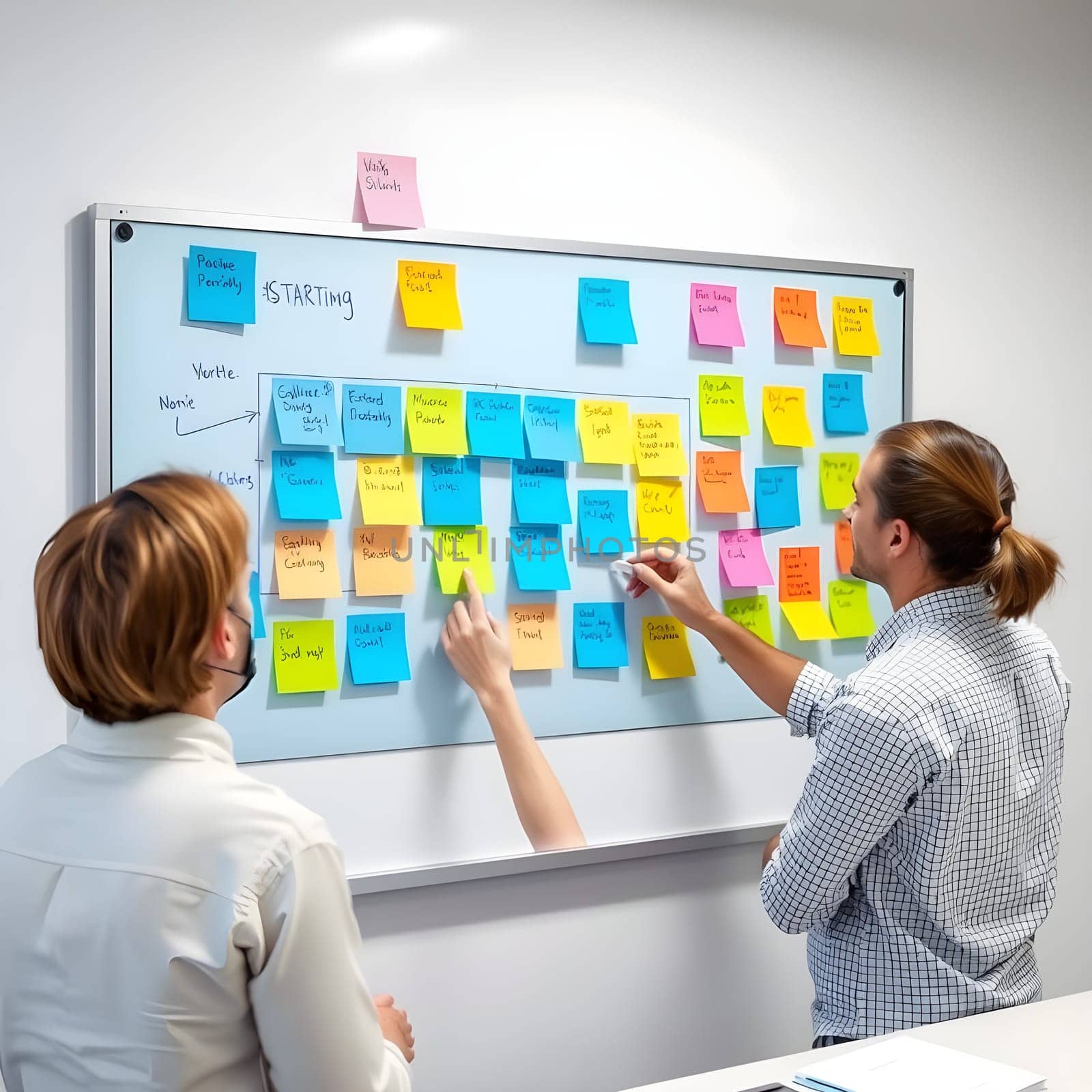 A dynamic startup team brainstorming with colorful sticky notes on a smart board, fostering innovation, teamwork, and modern collaboration.