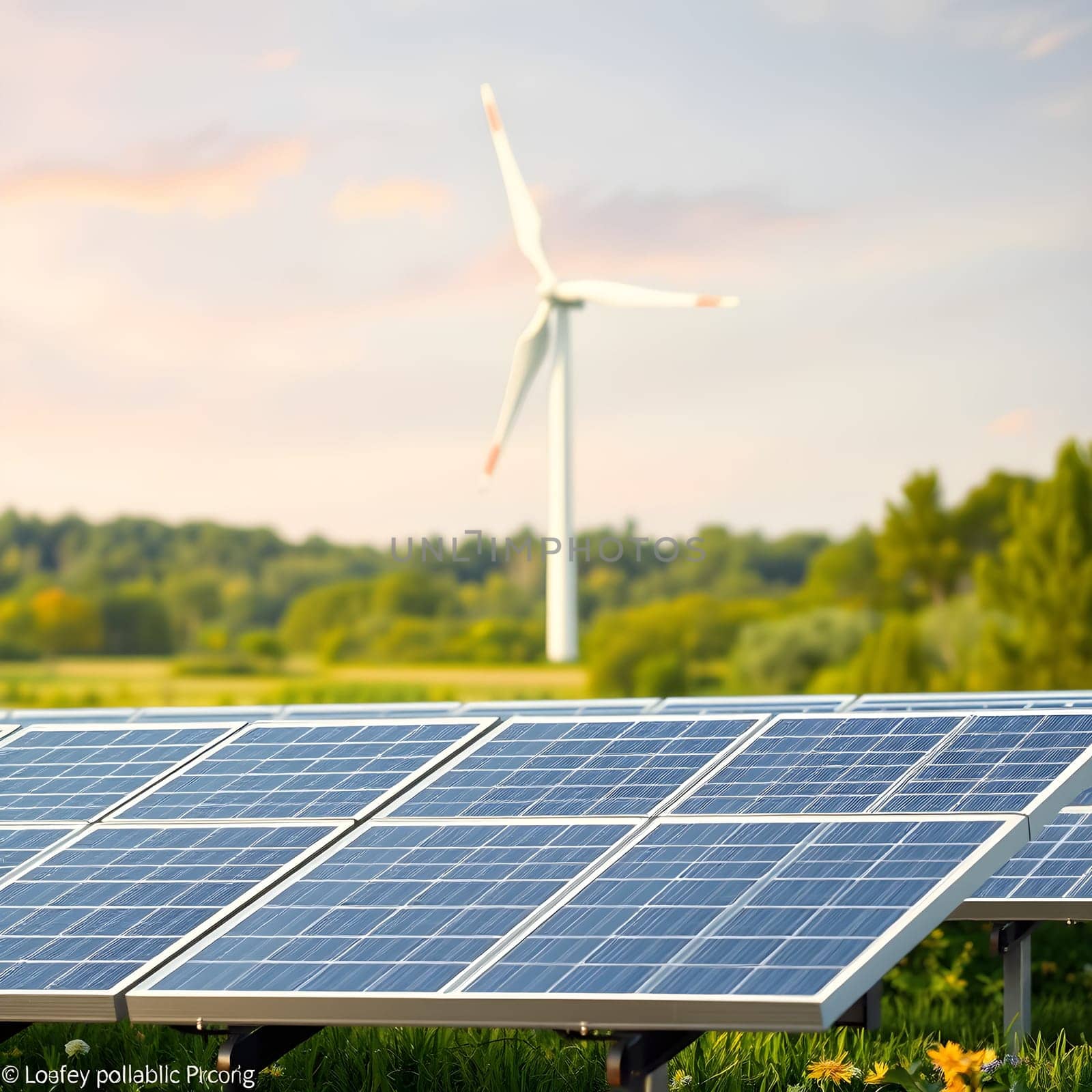 A sustainable energy concept featuring solar panels in the foreground and wind turbines in the background under a clear sky.