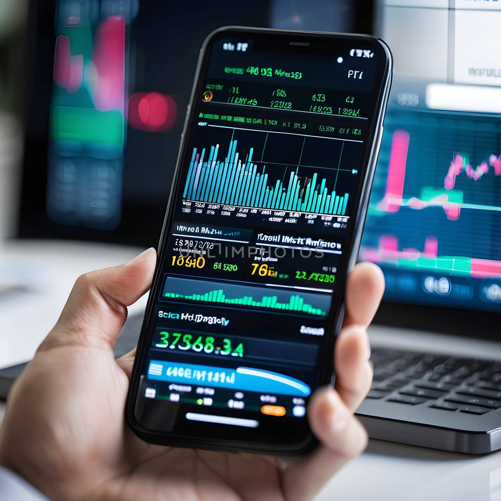 A close-up view of a smartphone screen displaying real-time digital finance stock market data, highlighting modern financial technology.