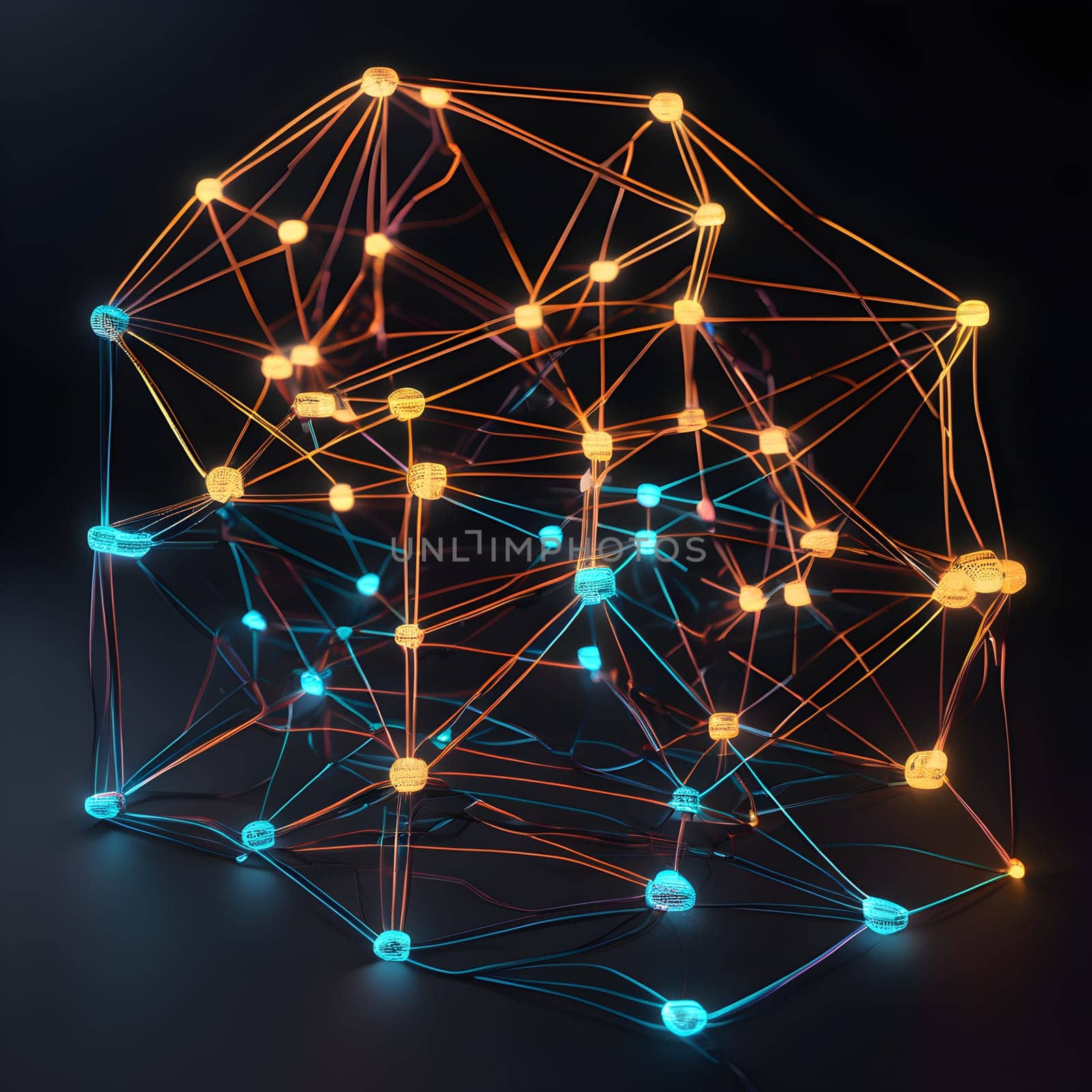 A network of glowing wireframe connections, showcasing interconnected nodes with vibrant neon lights and a digital, futuristic feel.