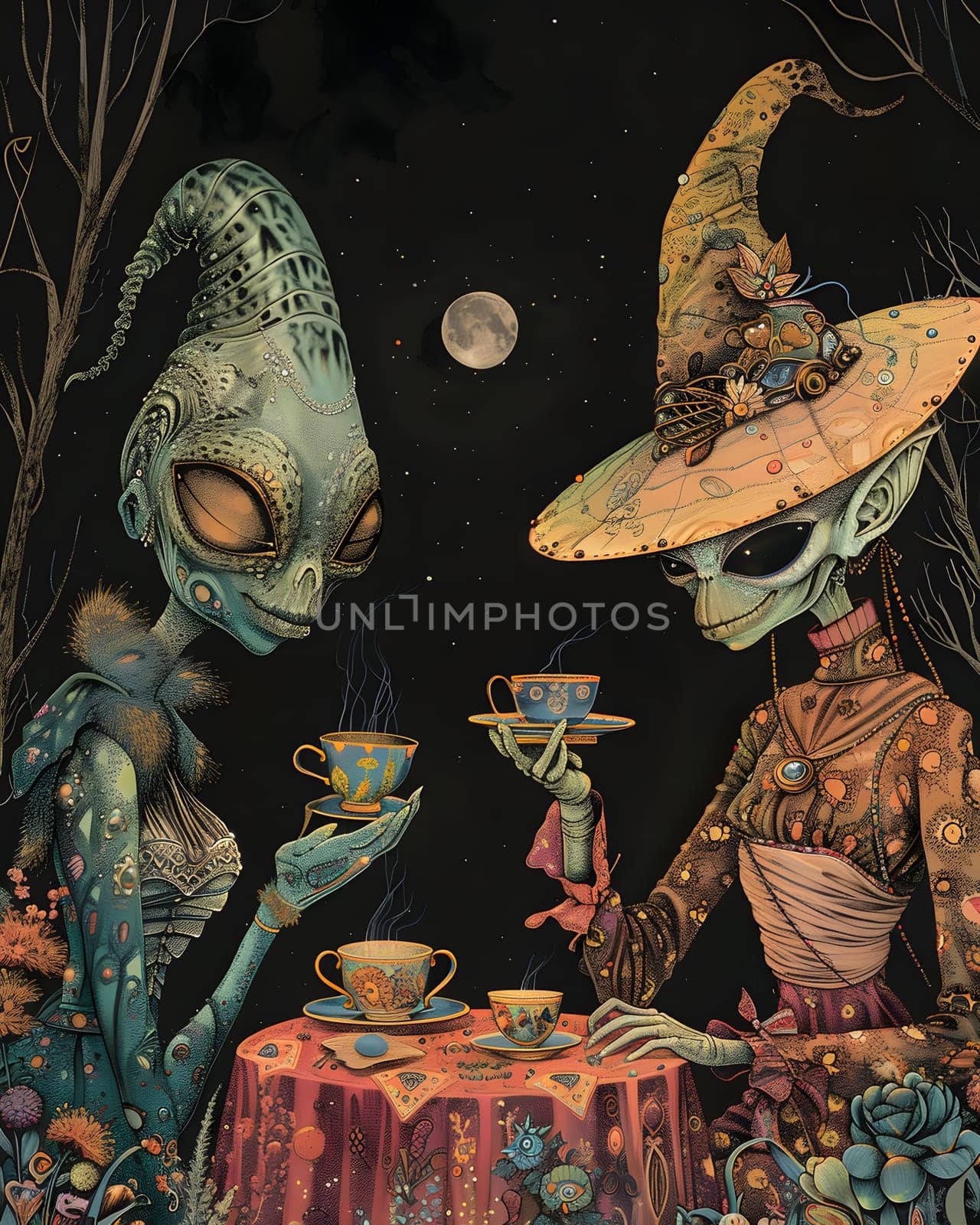 Mystical aliens enjoying tea in a fantastical forest setting under the moon.