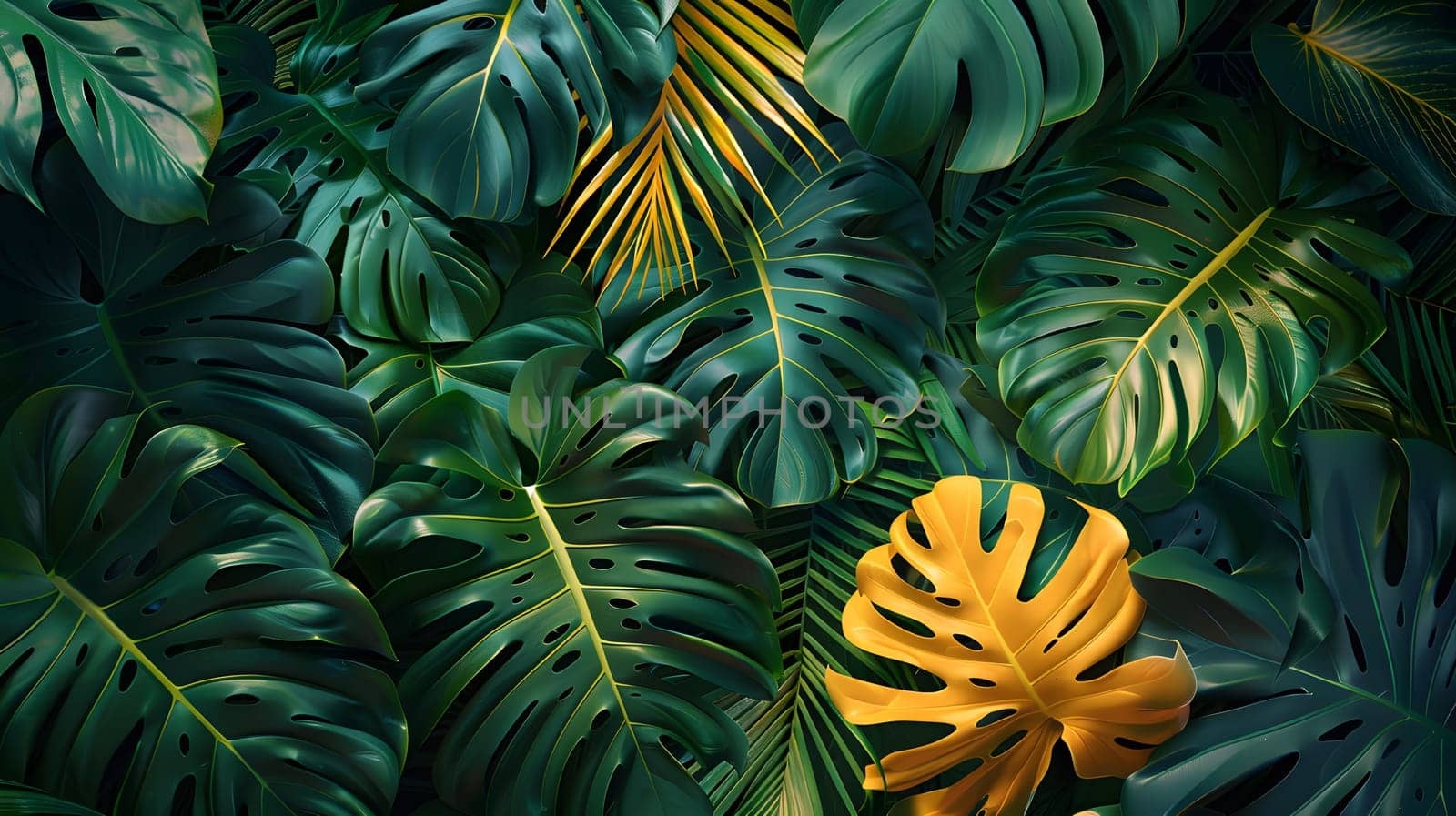 A cluster of tropical foliage featuring a mix of green leaves, with a standout yellow leaf at the center. This botanical arrangement showcases diverse plant adaptations in a natural environment