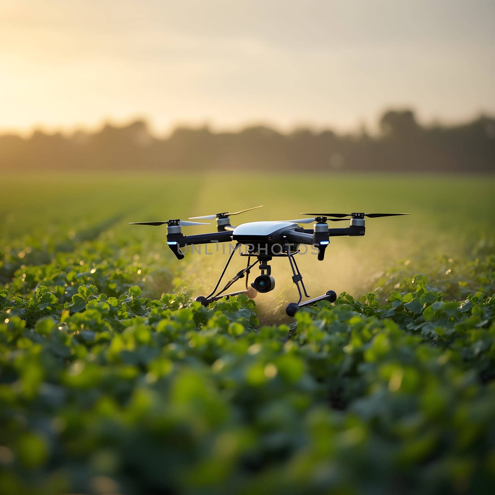Smart farming drones efficiently planting seeds in a large, open field, showcasing modern agricultural technology.