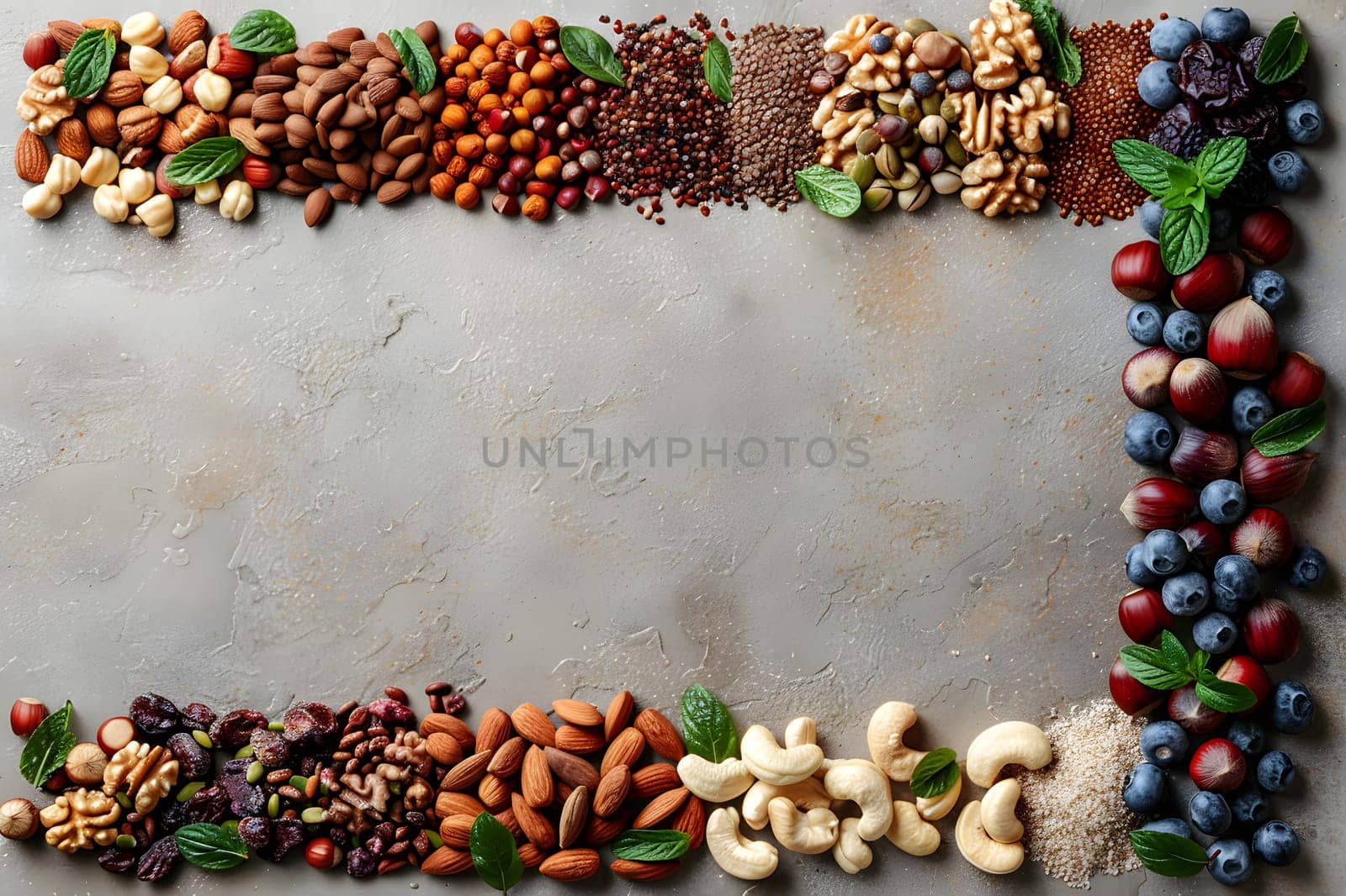 An assortment of nuts and berries is displayed in a rectangular arrangement on a table. These natural ingredients can be used in cuisine as whole foods or spices