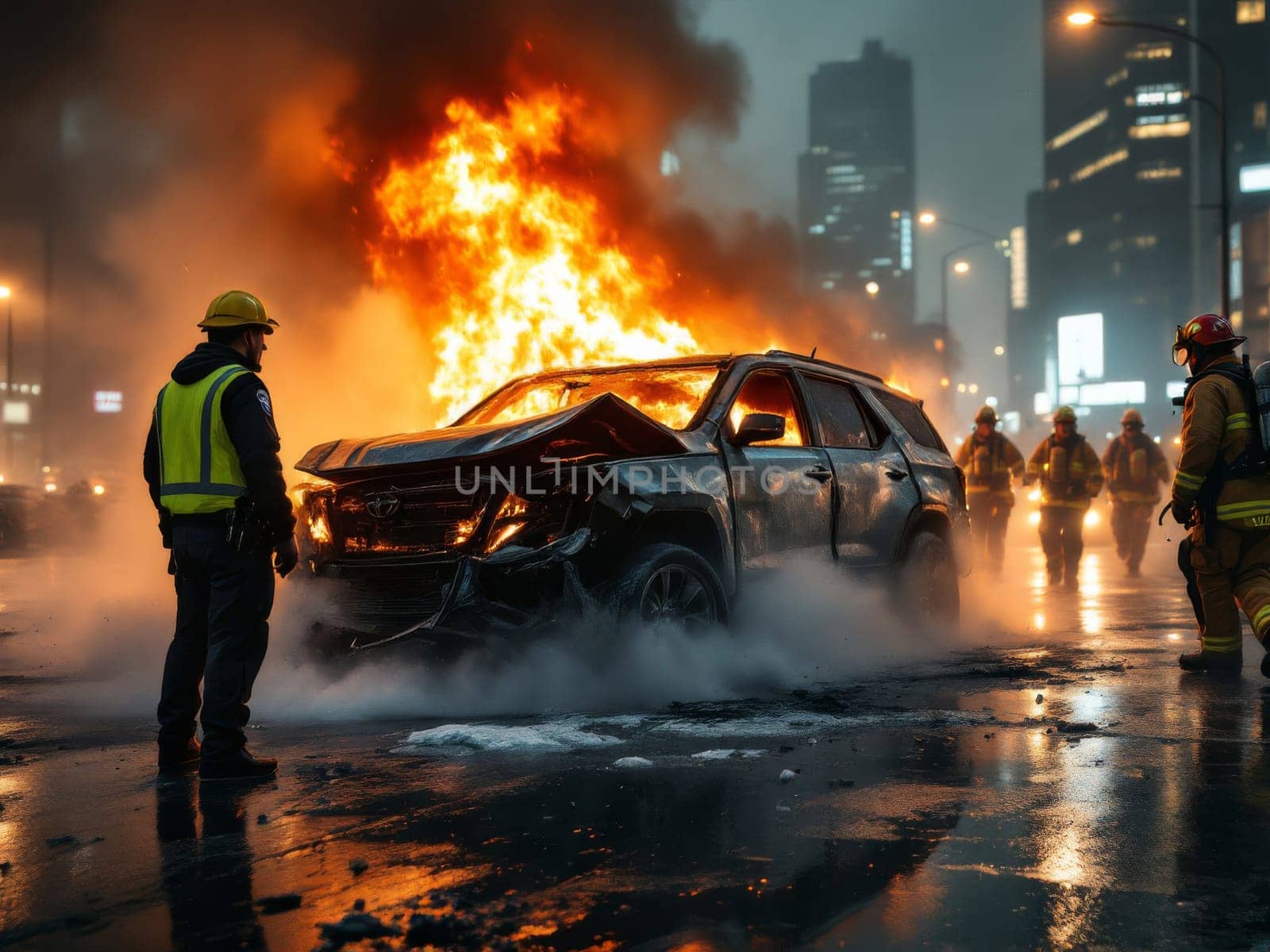 Firefighters working together to extinguish burning electric vehicle in city street at night, causing traffic jam and danger. Ai generated