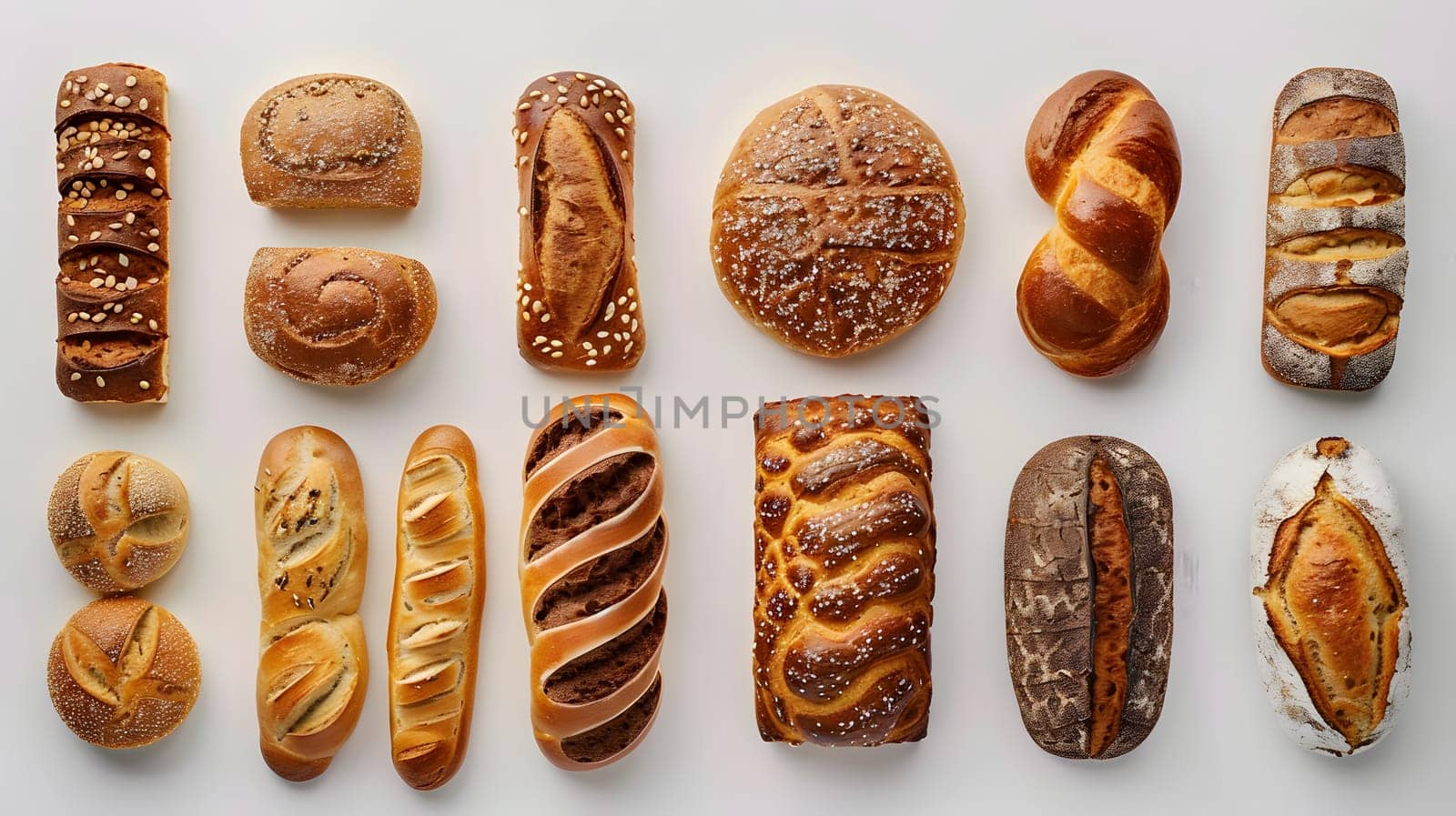 A variety of breads laid out on a white surface, showcasing different types of baked goods. Each bread represents a unique cuisine and ingredient, making them a versatile dish or snack option