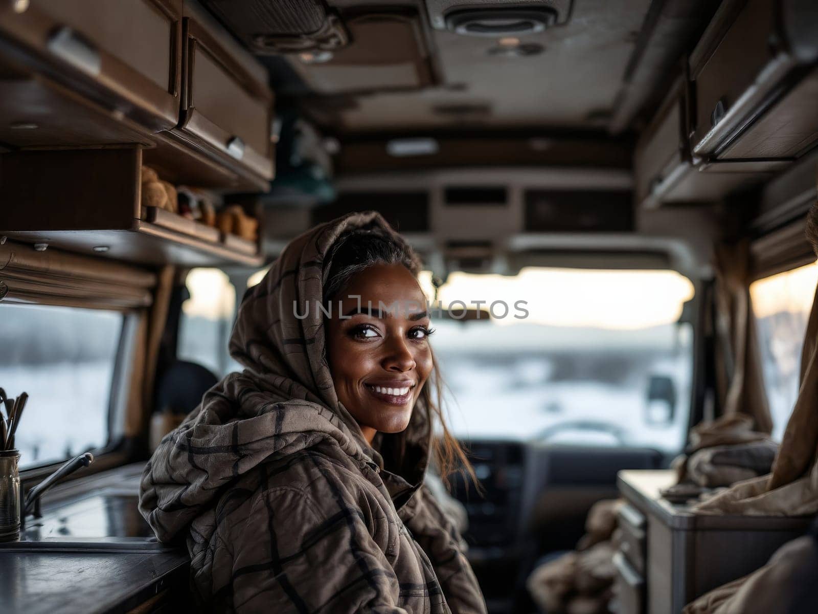 Young woman wearing a hooded jacket sitting in a camper van and smiling during a winter road trip. Ai generated