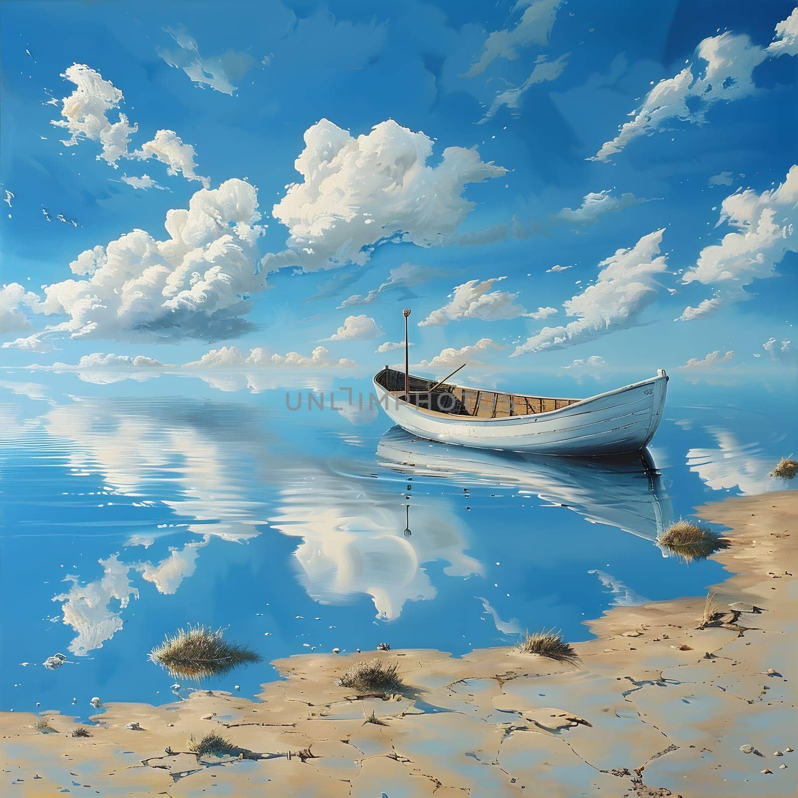 A boat gracefully navigates through the vast ocean under a cloudy sky, surrounded by shimmering water and tranquil waves