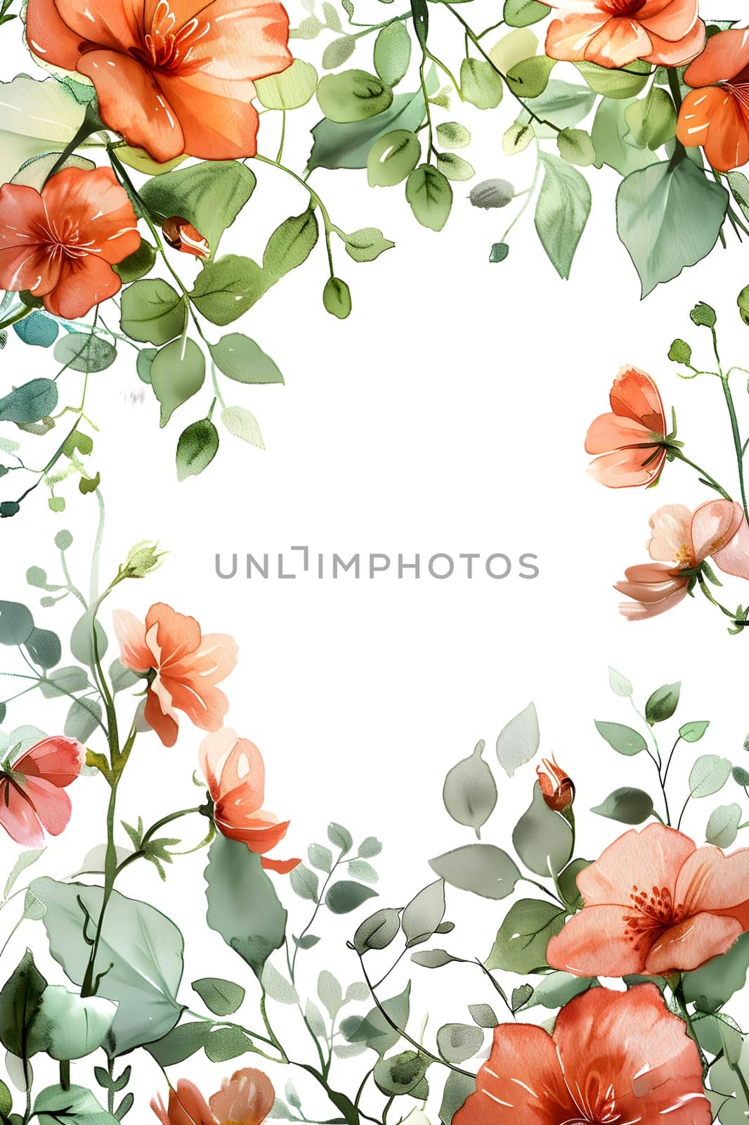 A beautiful watercolor painting featuring red flowers and green leaves on a white background, creating a stunning botanical artwork with a harmonious pattern