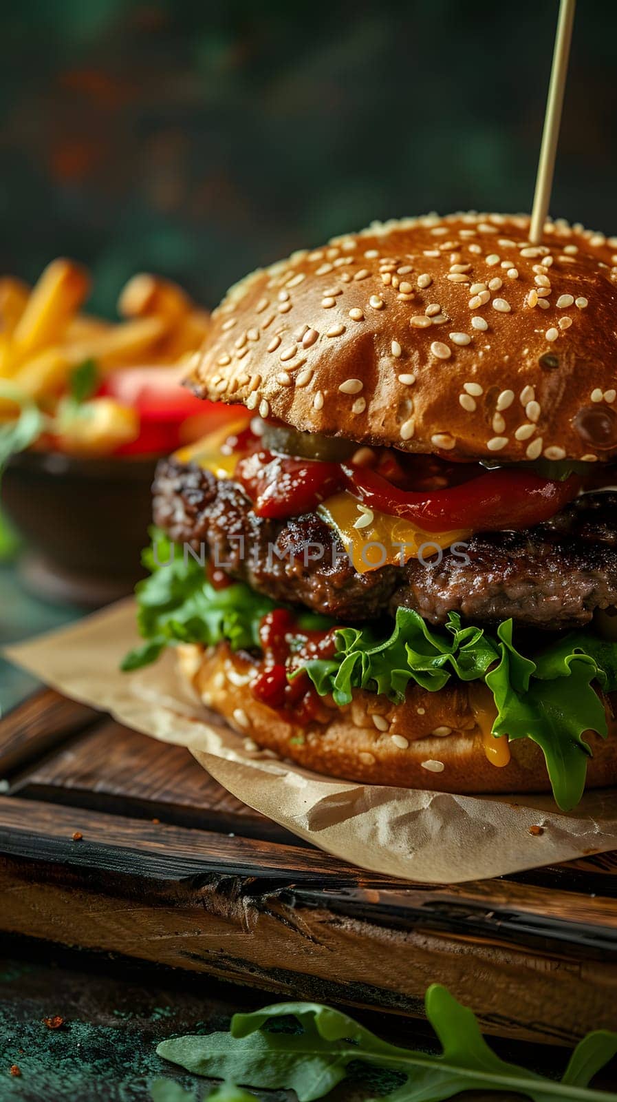 A classic fast food dish featuring a hamburger on a wooden cutting board alongside a bowl of French fries, showcasing staple food ingredients and baked goods