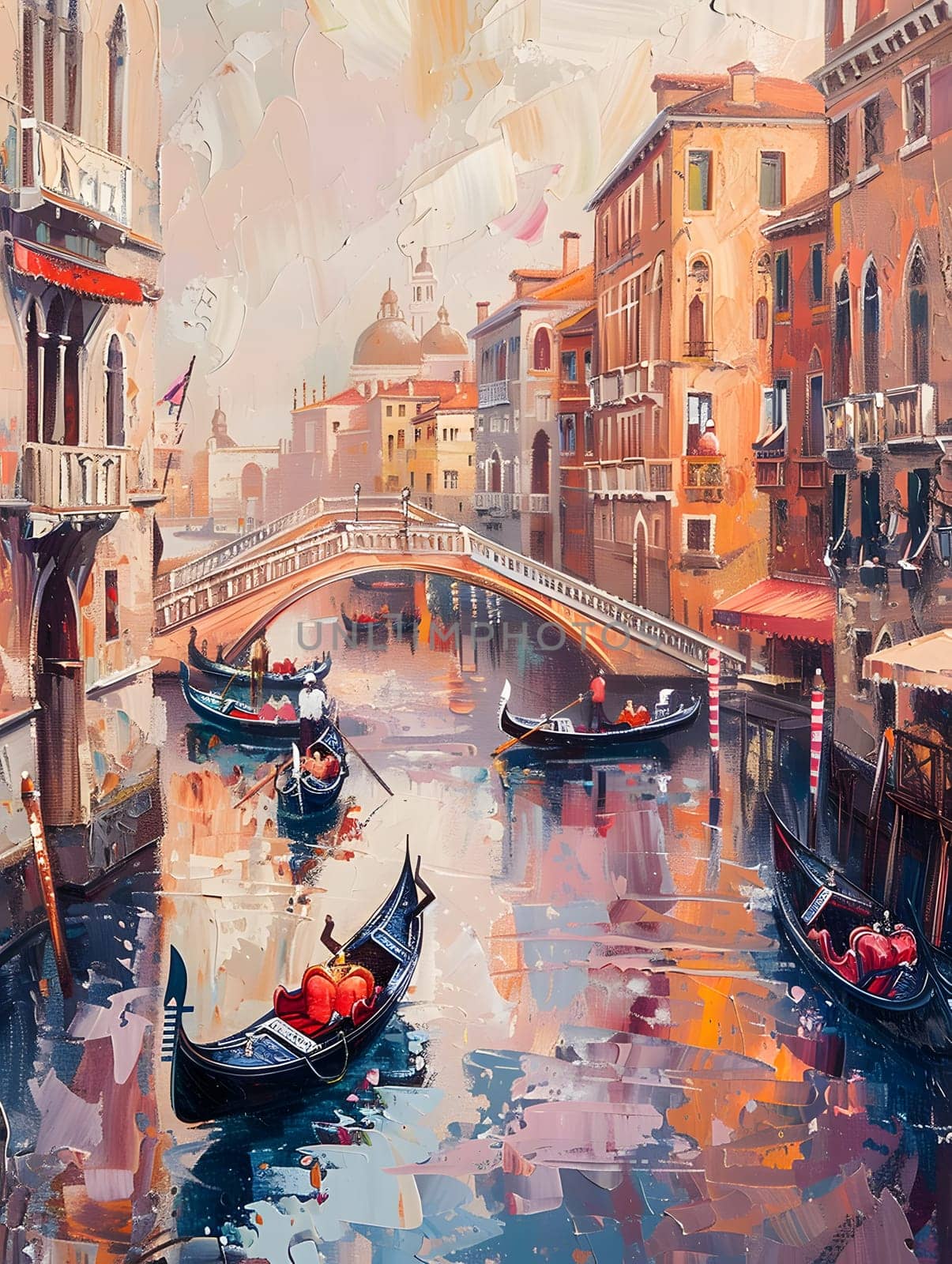 An art painting depicting a canal in Venice with gondolas, a bridge, and historical buildings reflected on the water