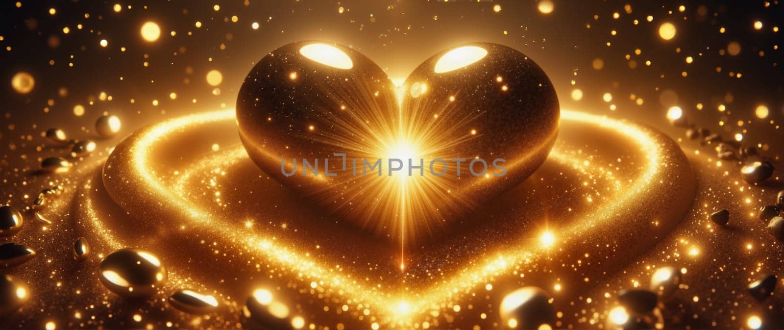 A heart made of gold is surrounded by glittering stones. The heart is lit up, giving the impression of a warm and loving glow. The glittering stones add a sense of magic and wonder to the scene