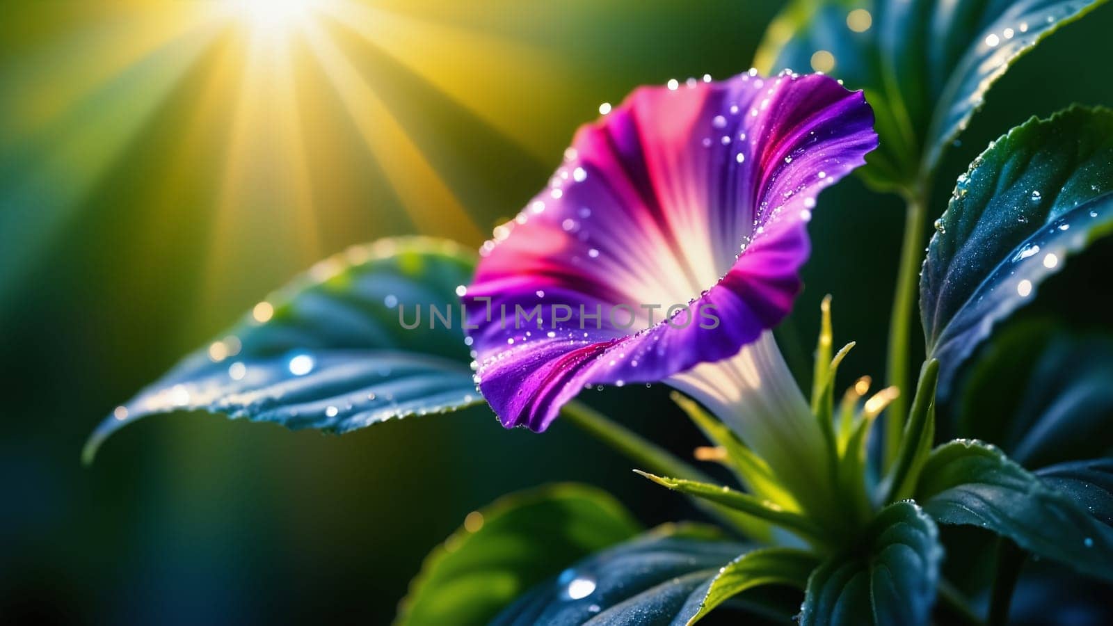 A purple flower with a droplet of water on it. The flower is purple and has a white center