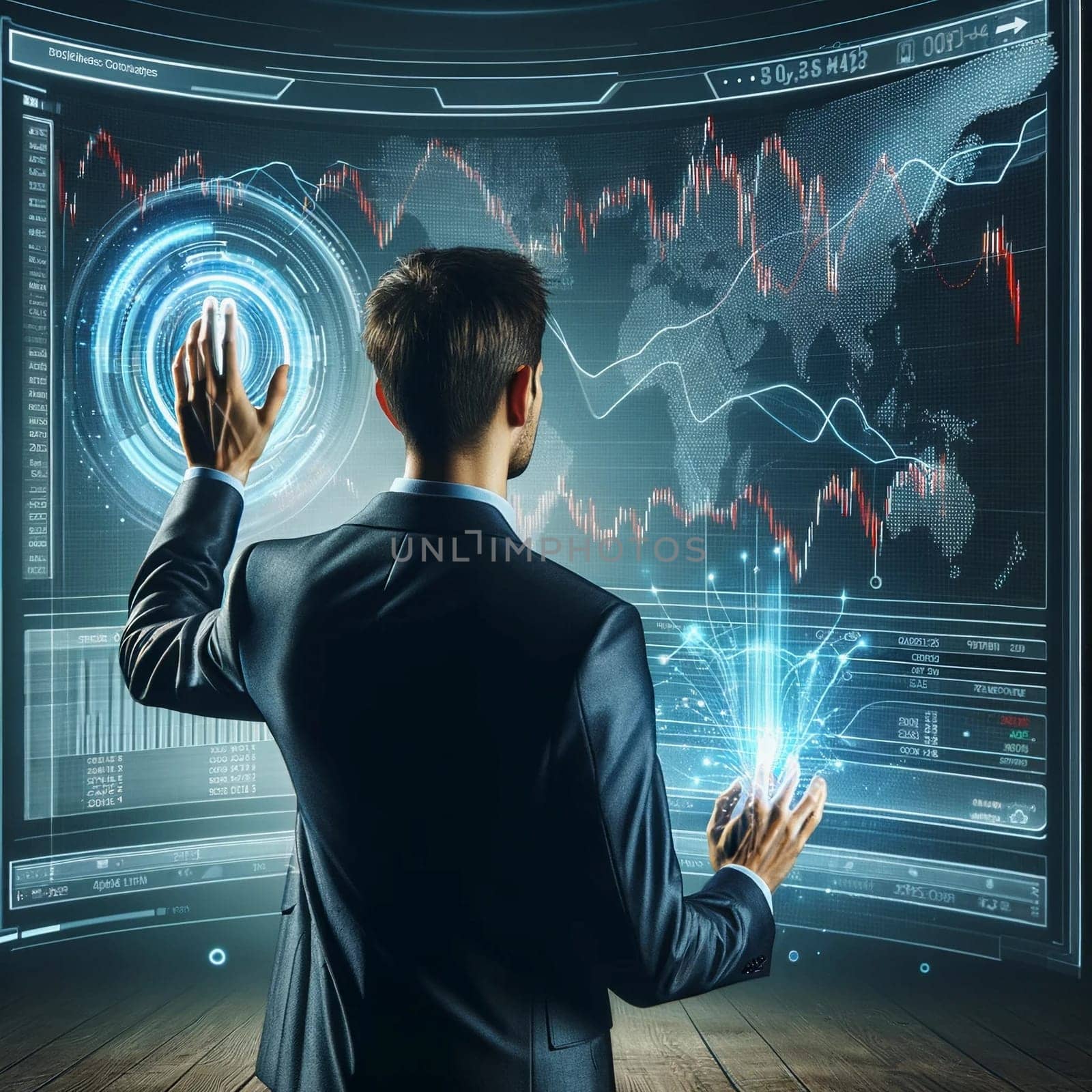 A businessman in a suit stands with his back facing the viewer, attentively examining a virtual monitor displaying graphs of stock quotes.