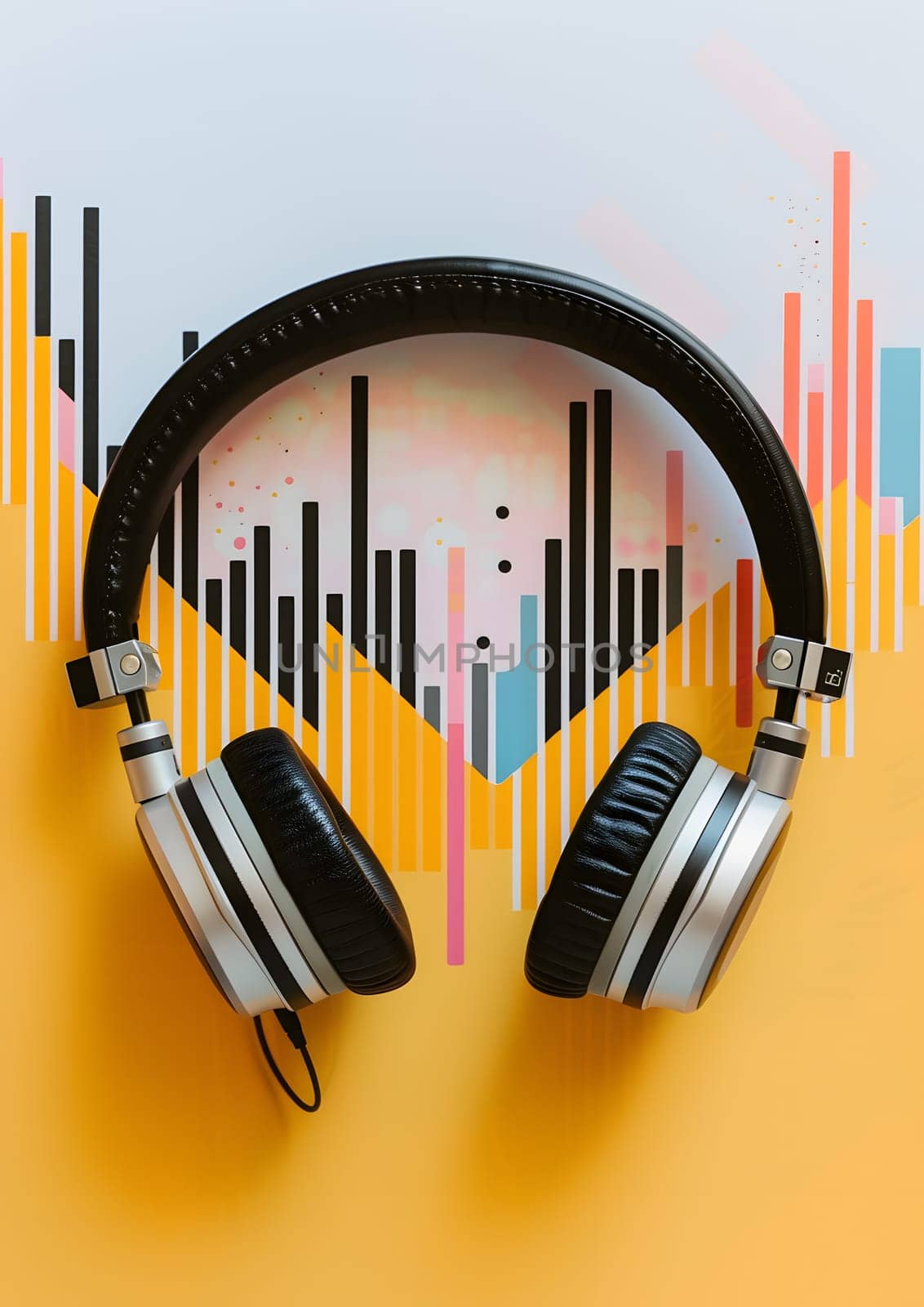 Modern headphones with colorful soundwave background isolated on yellow background.