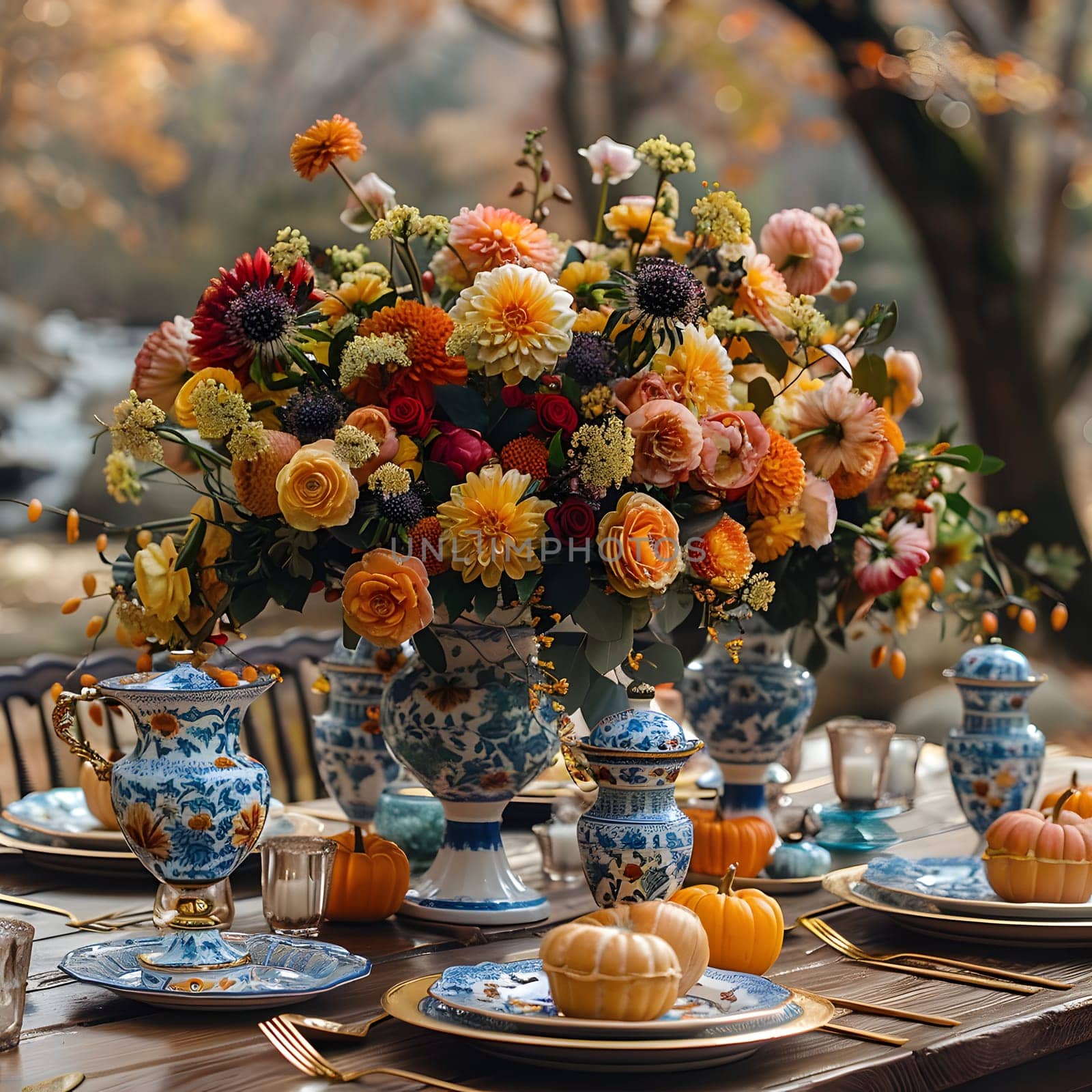 A table set with plates, a vase of flowers, and drinkware. The colorful orange flowers pop against the white plates and serveware