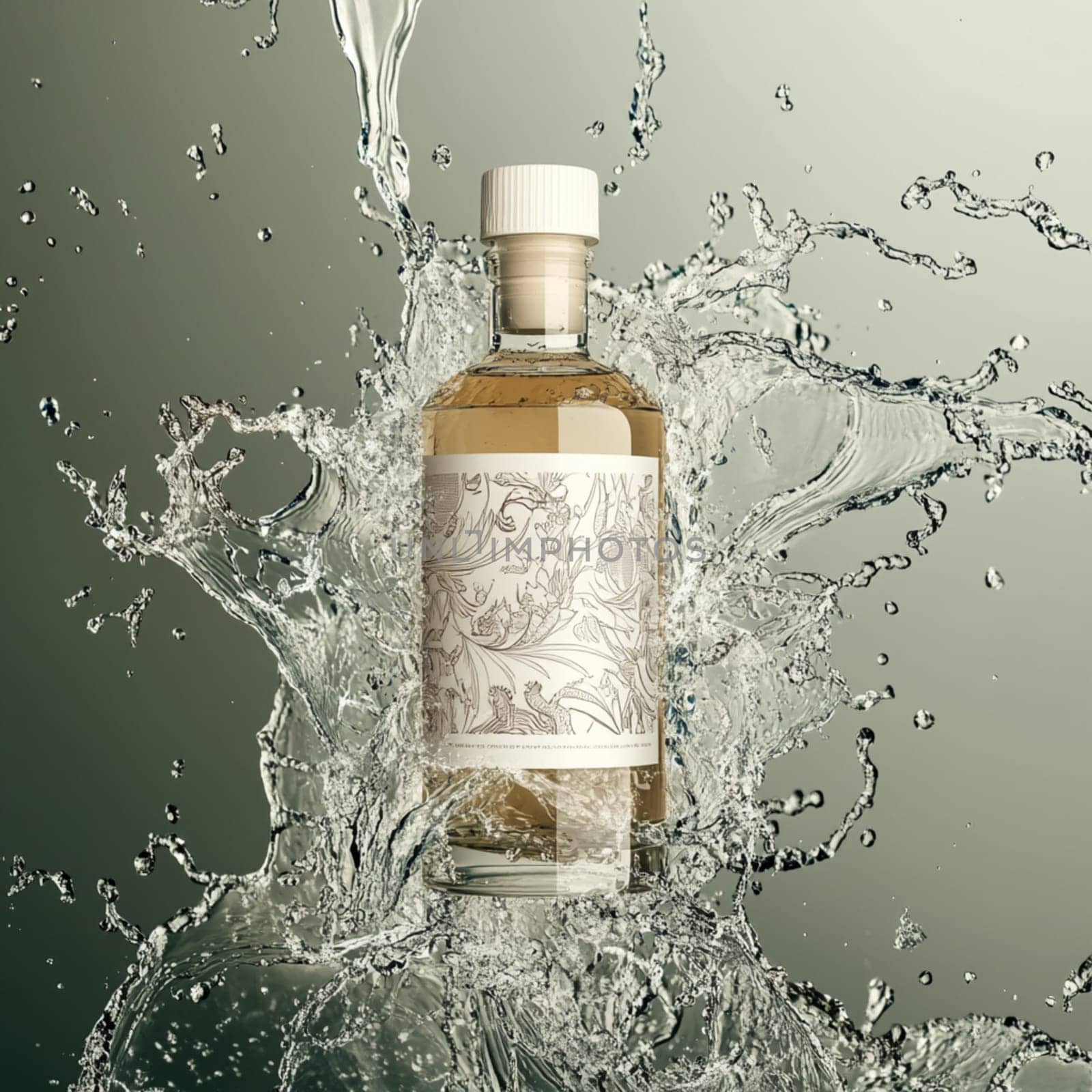 Transparent bottle filled with liquid is standing in the middle of a big splash of water, creating interesting shapes and reflections