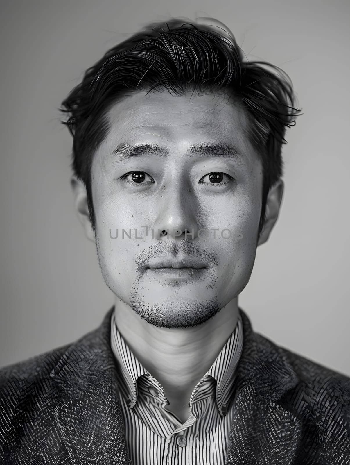 A cool black and white photo of a bearded man with striped dress shirt and jacket, showcasing his forehead, hair, chin, eyebrow, neck, jaw, and iris under the collar