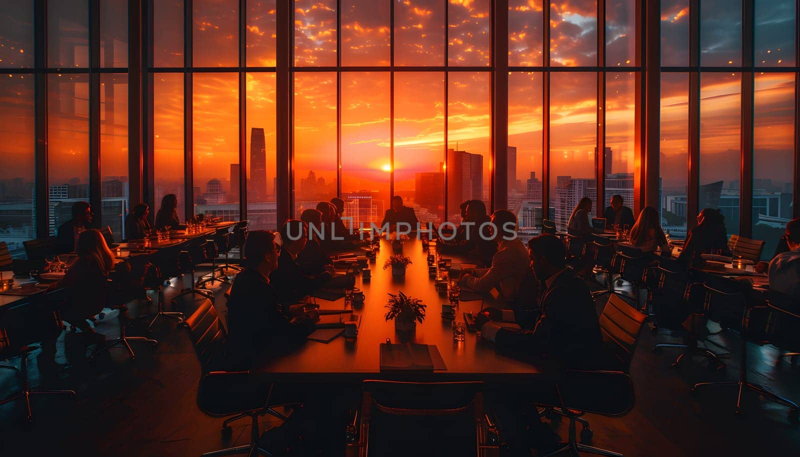 As the sun sets, a group gathers around a long table in a conference room, the orange afterglow illuminating the skyscrapers in the horizon