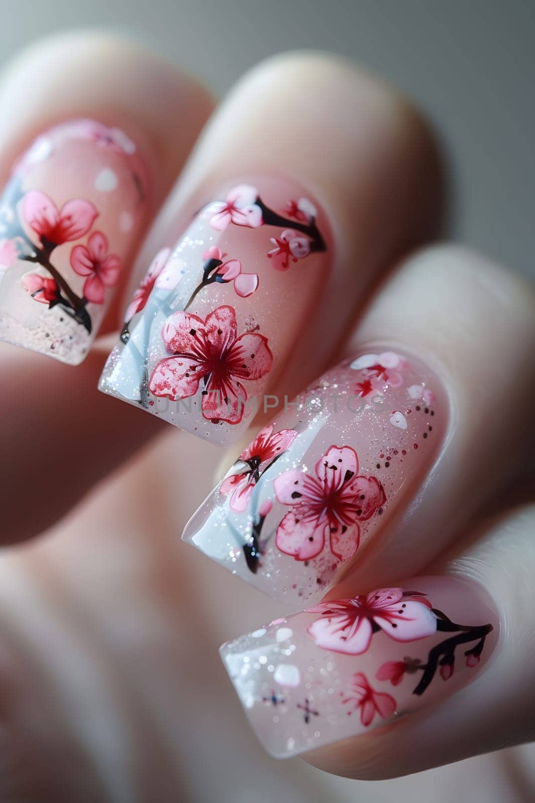 A close up of a womans nails adorned with delicate pink flowers, creating a beautiful and feminine gesture on her fingertips