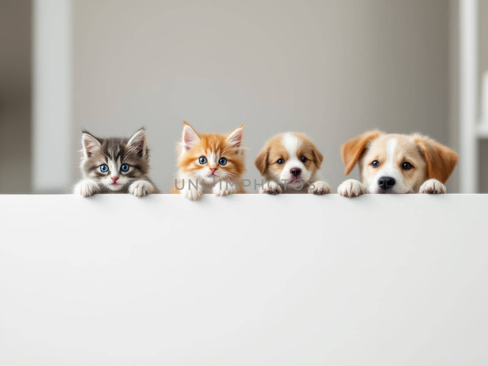 Group of two kittens and two puppies peeking out from behind a white banner, looking at the camera with curiosity and playfulness, creating a heartwarming and adorable scene