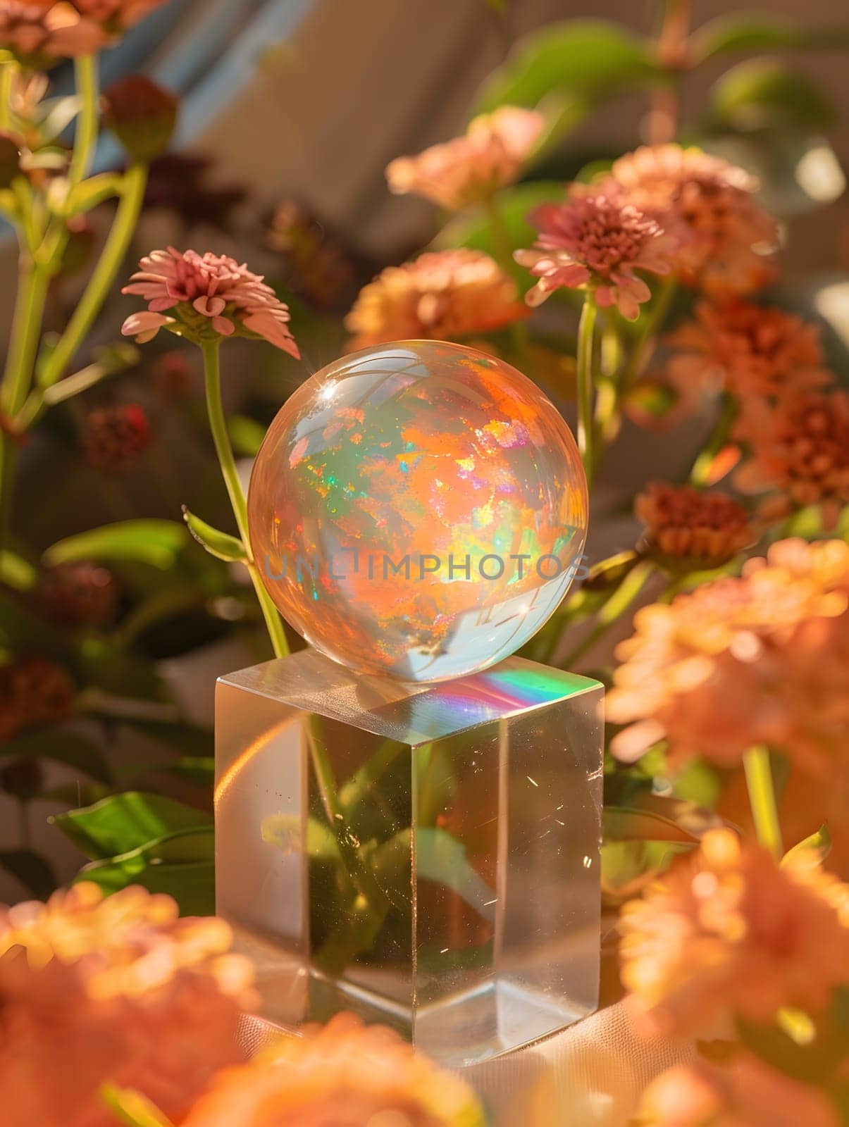 An annual plant in a flowerpot sits on a windowsill next to a clear cube with a clear glass ball on top, surrounded by colorful flowers and green leaves