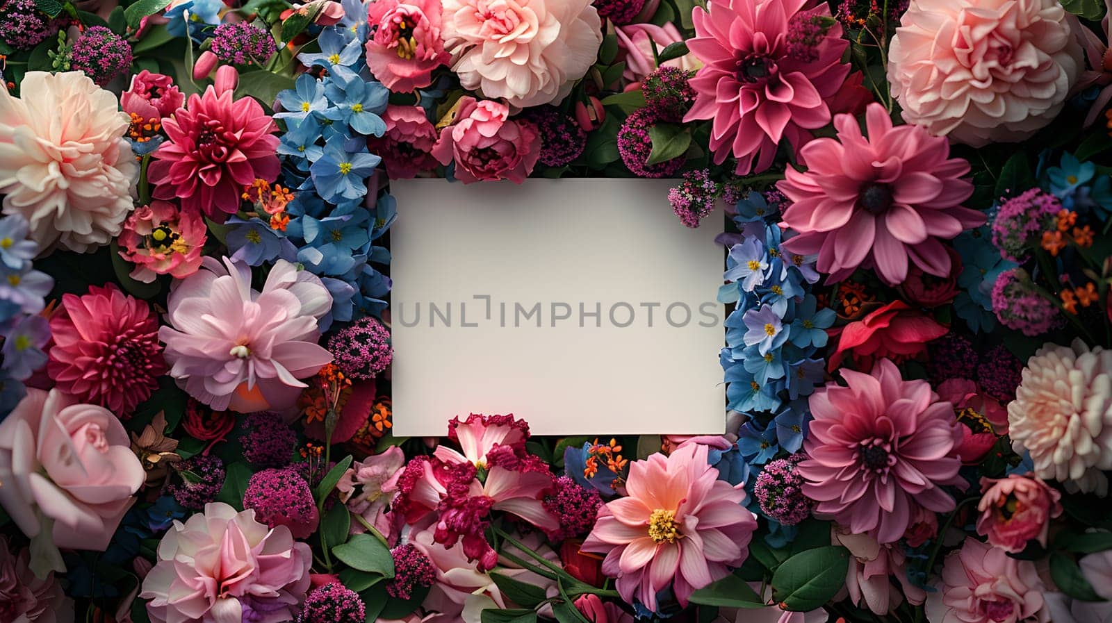 A white rectangle card stands out in the midst of the pink flowers and green shrubs, creating a contrast with natures vibrant colors and shapes