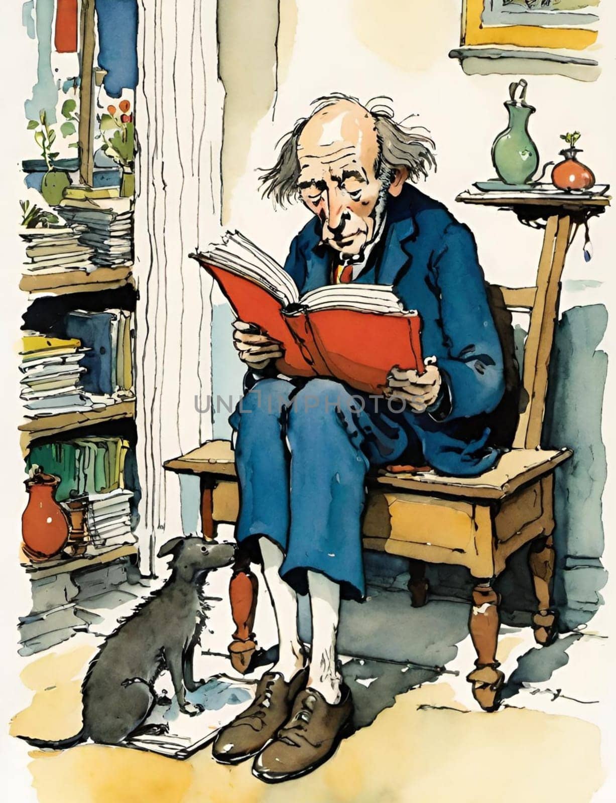 introvert pensioner reads a book in the room. International Introvert Day High quality illustration