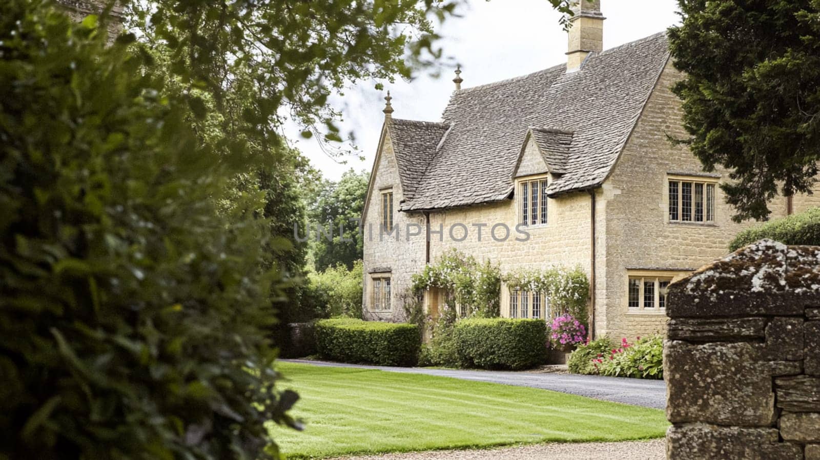 Cotswolds cottage and garden in the English countryside style, modern architecture and design idea