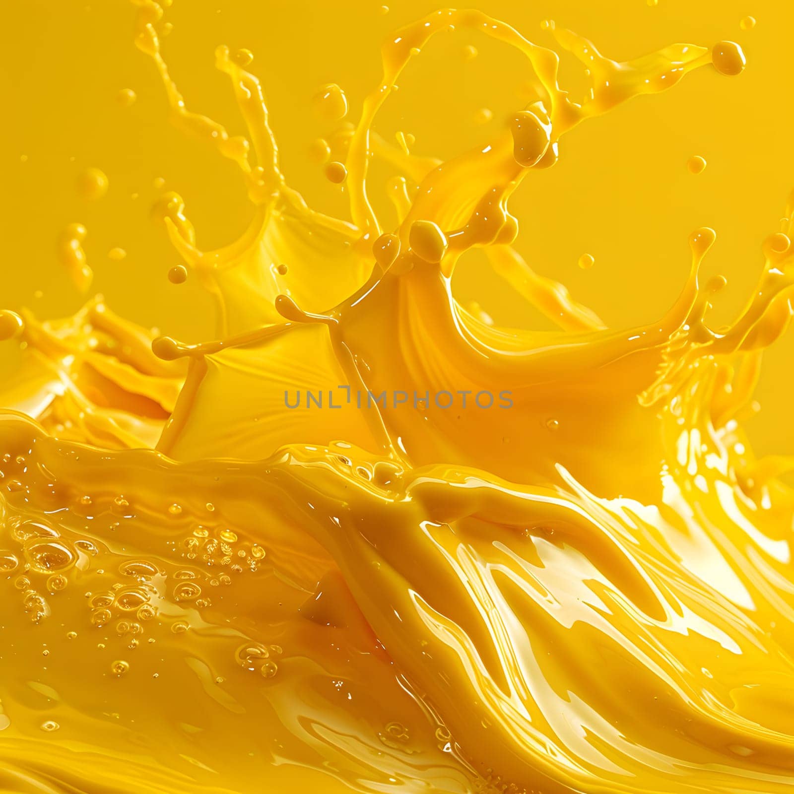 A splash of vibrant yellow liquid, reminiscent of amber and gold hues, elegantly stands out against the yellow background, adding a pop of color to the artistic composition