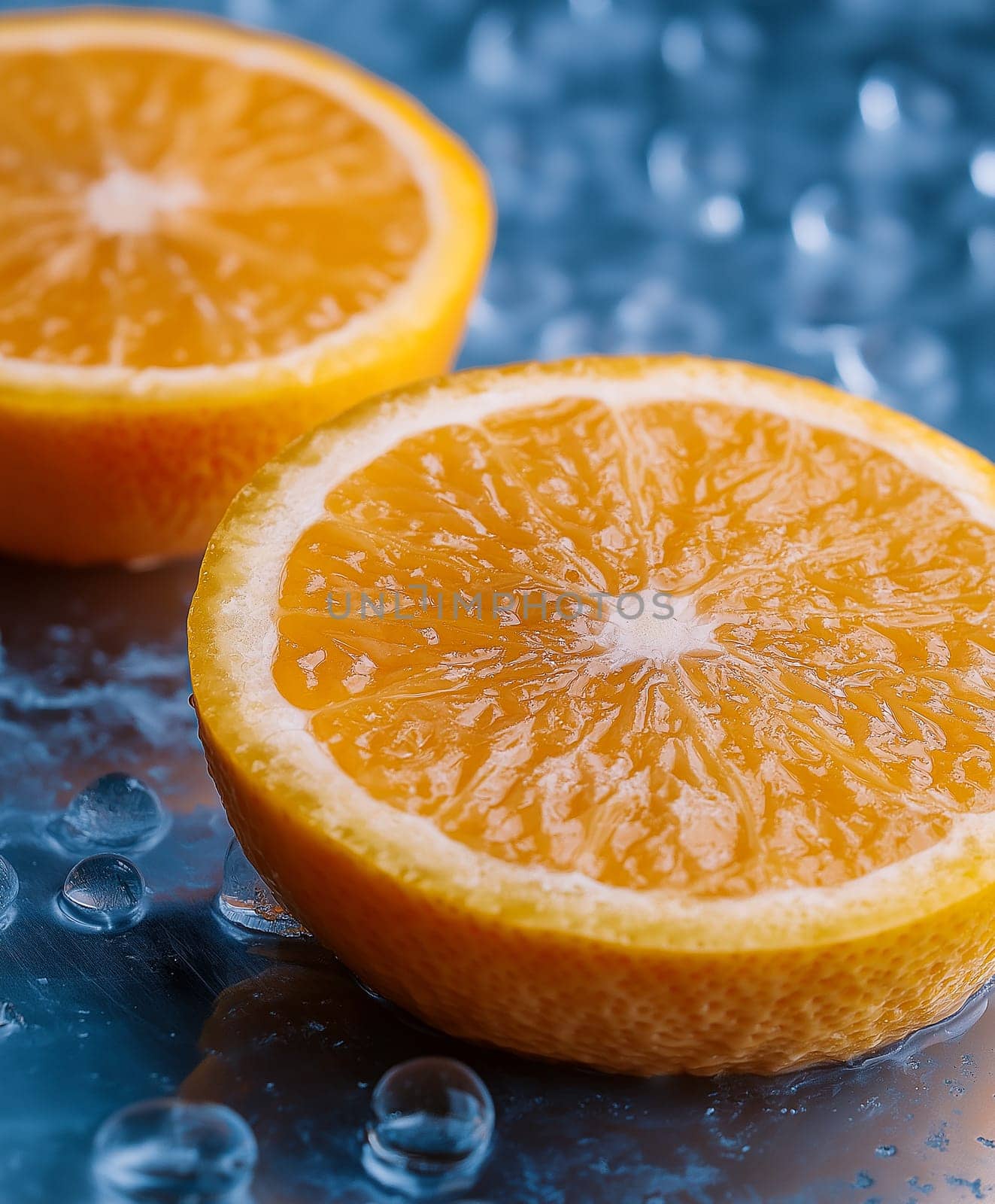 Close-up of two orange slices. Water droplets on a dark surface. A detailed view of the fruit's texture.
