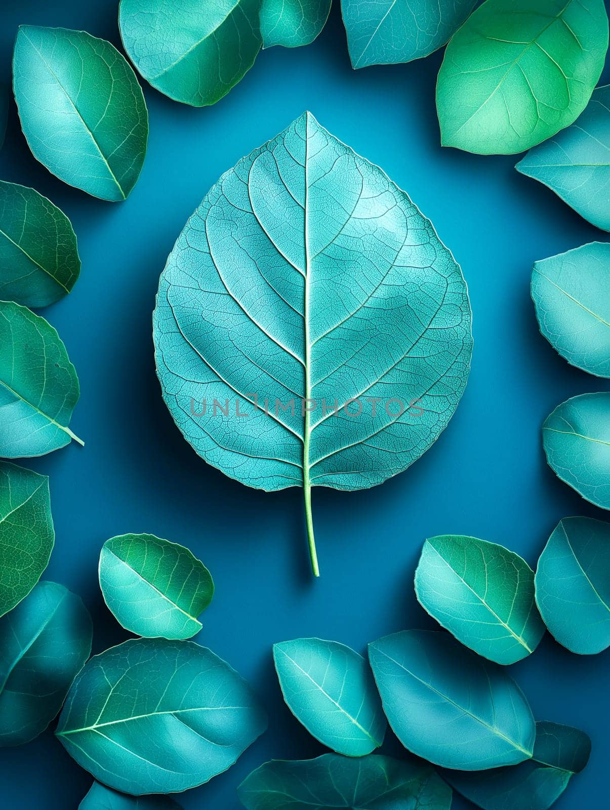 Vibrant teal leaves arranged artfully on a deep blue surface. Nature's beauty showcased in a still life composition.